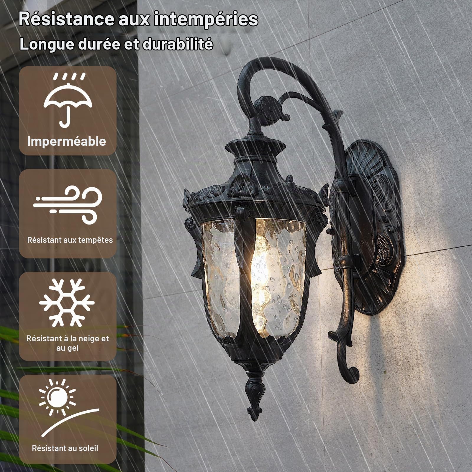 Applique murale d'extérieur vintage, lanterne de jardin, noire, étanche, en aluminium et verre, lampe extérieure E27, pour porte, maison, villa, balcon, garage, couloir, terrasse