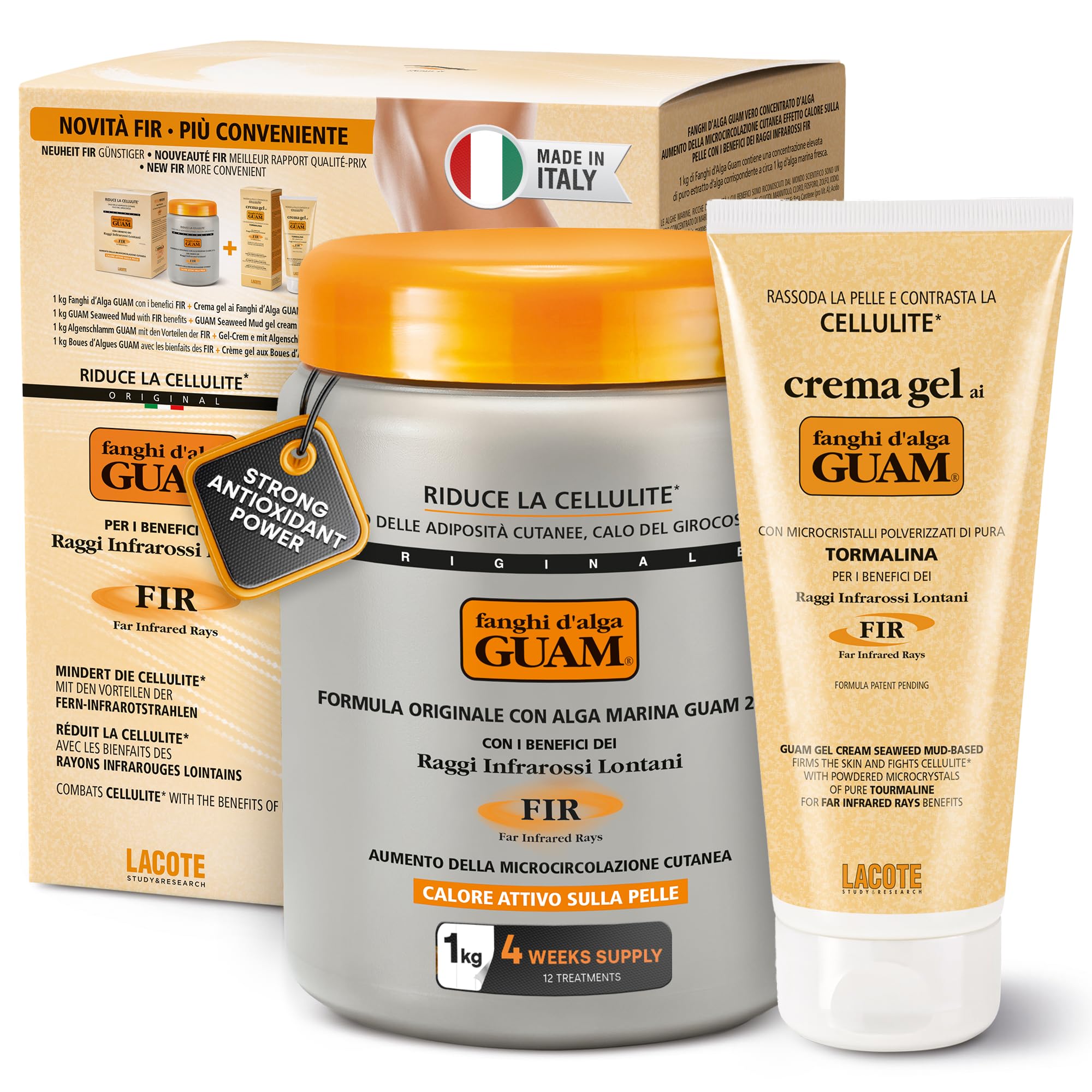 GUAM FIR Coffret Anti-Cellulite Boue d’Algues & Crème Gel à la Tourmaline - Duo Raffermissant Corps 1kg 250ml