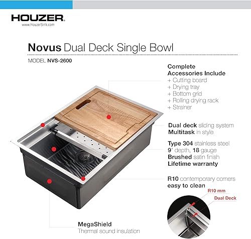 Miniatura 5 de Houzer Novus Series - Fregadero de cocina de doble nivel con estación de trabajo de doble nivel con sistema de plataforma deslizante doble