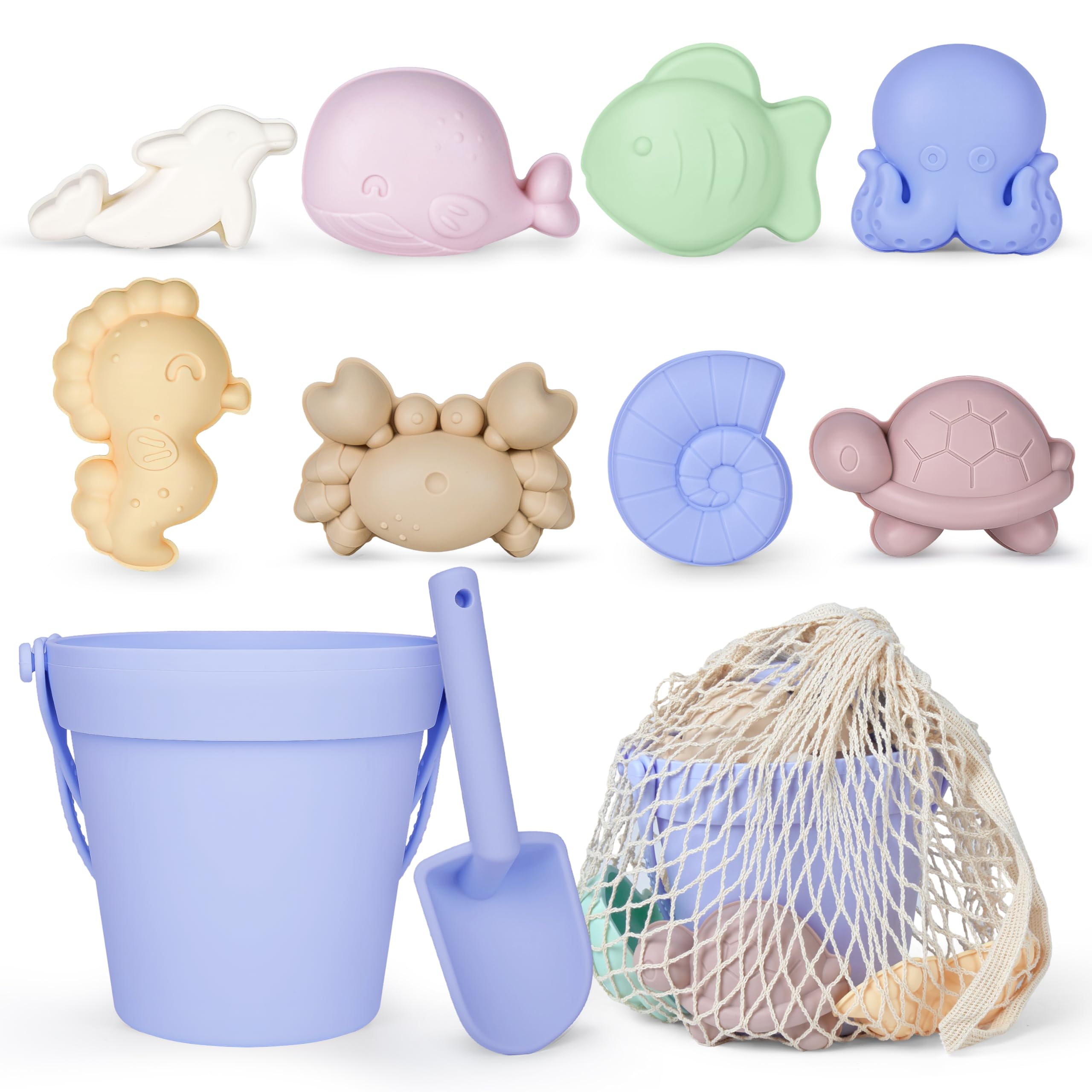 MarcZero 11Pcs Silicone Beach Toys,Modern Baby Beach Toys,Travel Friendly Beach Set,Silicone Bucket, Shovel, 8 Sand Molds, Beach Bag, Sand Toys for Toddlers, Kids (Blue Purple)