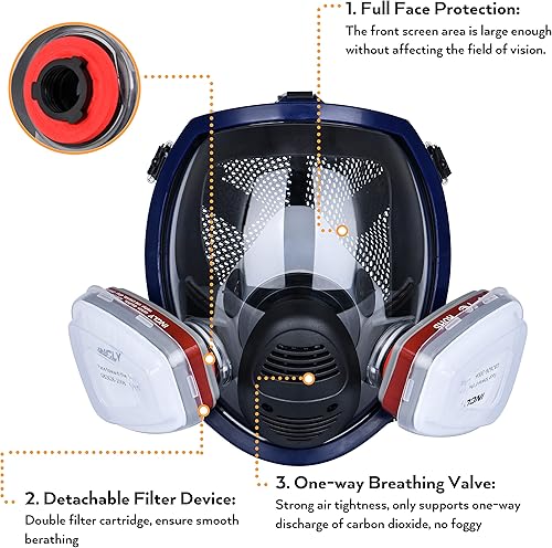 Miniatura 7 de INCLY Juego de respiradores, cubierta de media cara y cara completa para productos químicos y pintura, respiración segura contra el polvo