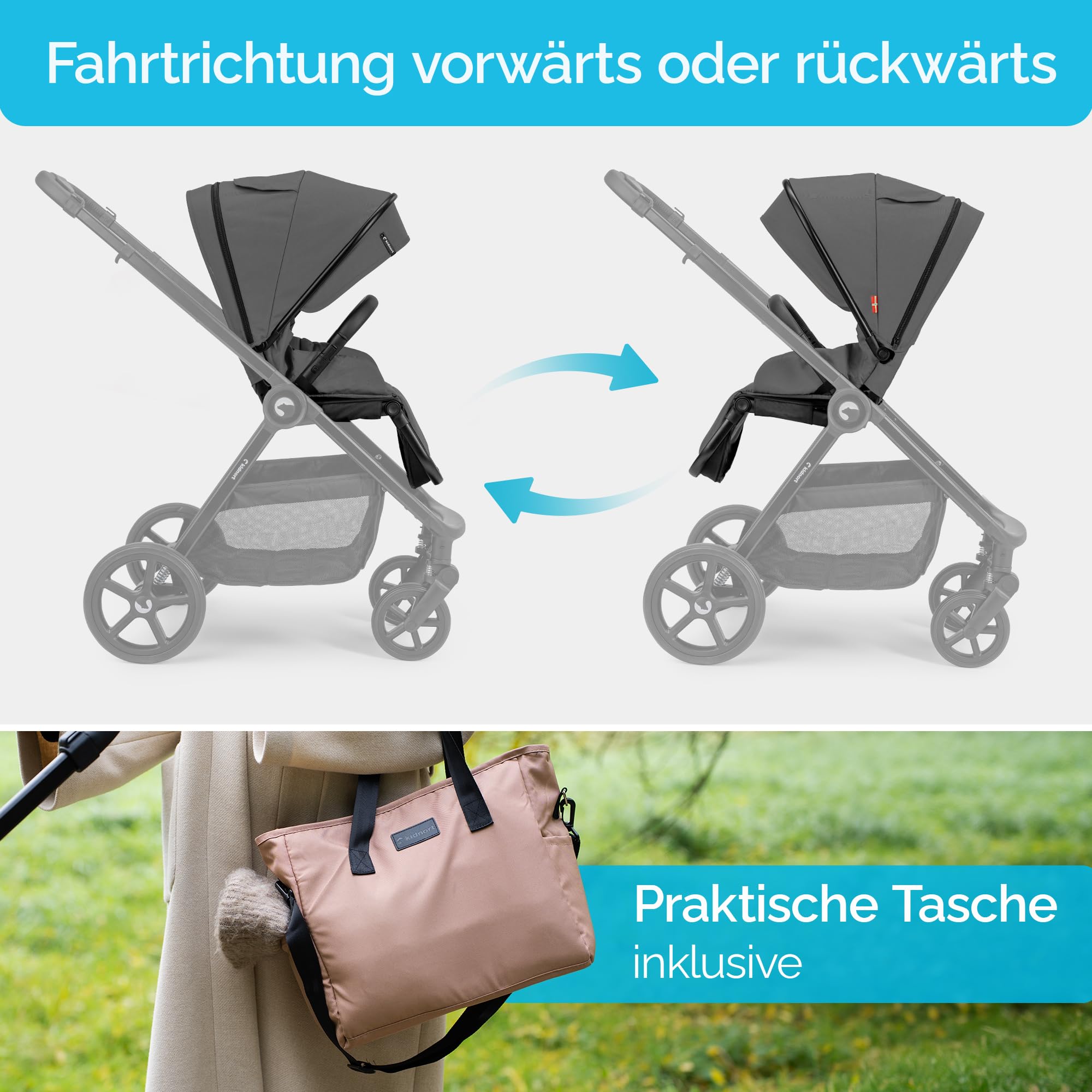 Älskar Passeggino reversibile, pieghevole, compatto, fino a 22 kg, schienale regolabile, tetto di protezione UV, cintura a 5 punti, copertura antipioggia, zanzariera, borsa grigio scuro
