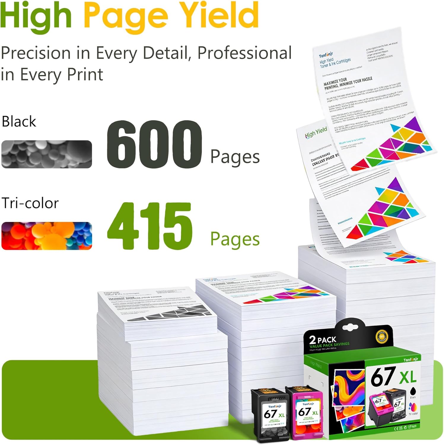 67XL Ink Cartridge Combo Pack Black and Color Replacement for HP Ink 67 67XL Work for DeskJet 2755e 2855e 2700e 4155e 2734e 2827e 4100e Envy 6055 6455e Printer 2 Pack