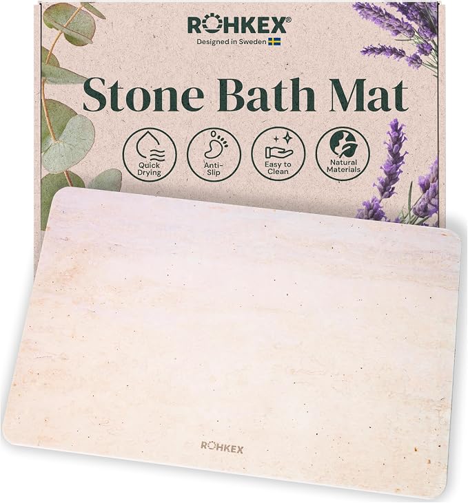 Stone Bath Mat Diatomaceous Earth Bath Mat - Super Absorbent, Non-Slip, Quick Dry Easy to Clean Durable Bathroom Shower Floor Mat, Soft-Touch Surface Natural, Sustainable, 24 x 15