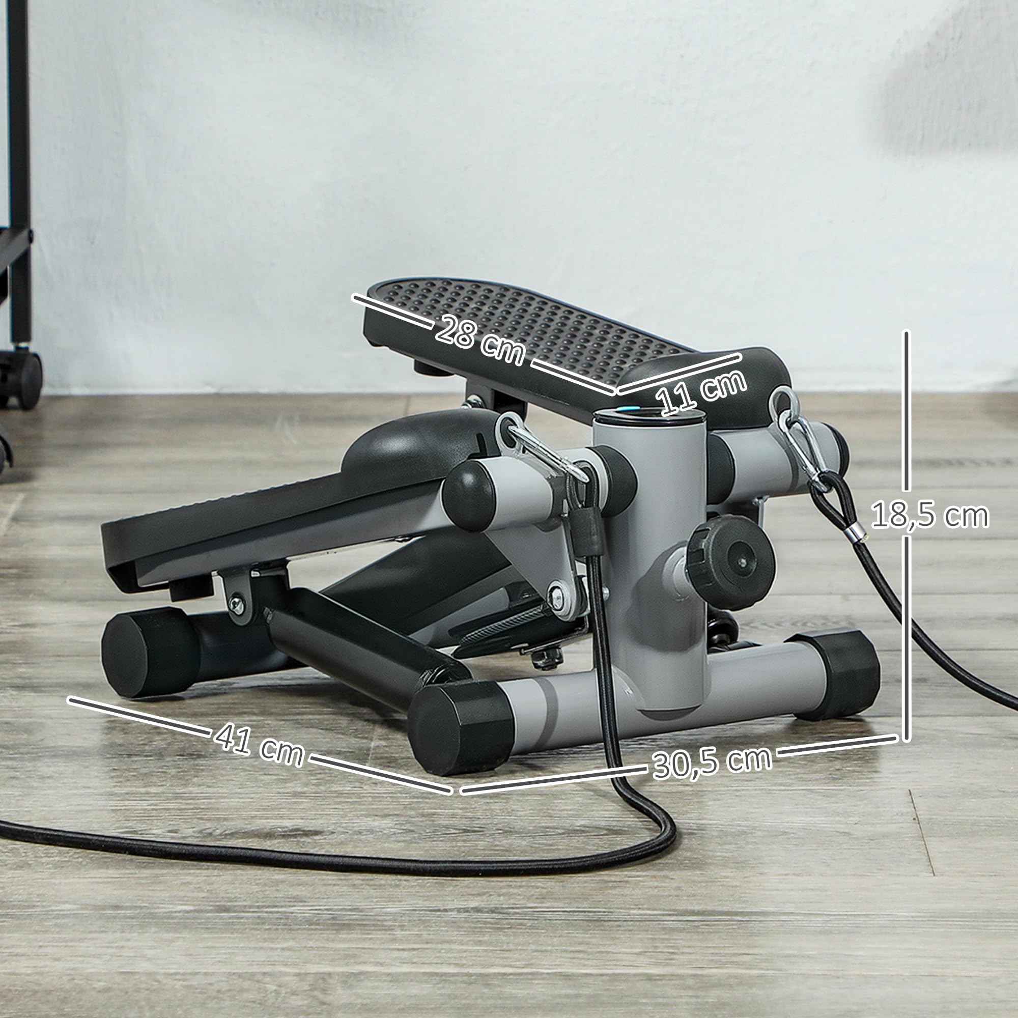 SPORTNOW 2 in 1 Mini-Stepper für Zuhause mit LCD-Display, Stepper Hometrainer mit Power Ropes, Up-Down Swing Stepper für Bein-/Armtraining bis 100 kg, Home Office Fitness Exercise, Grau