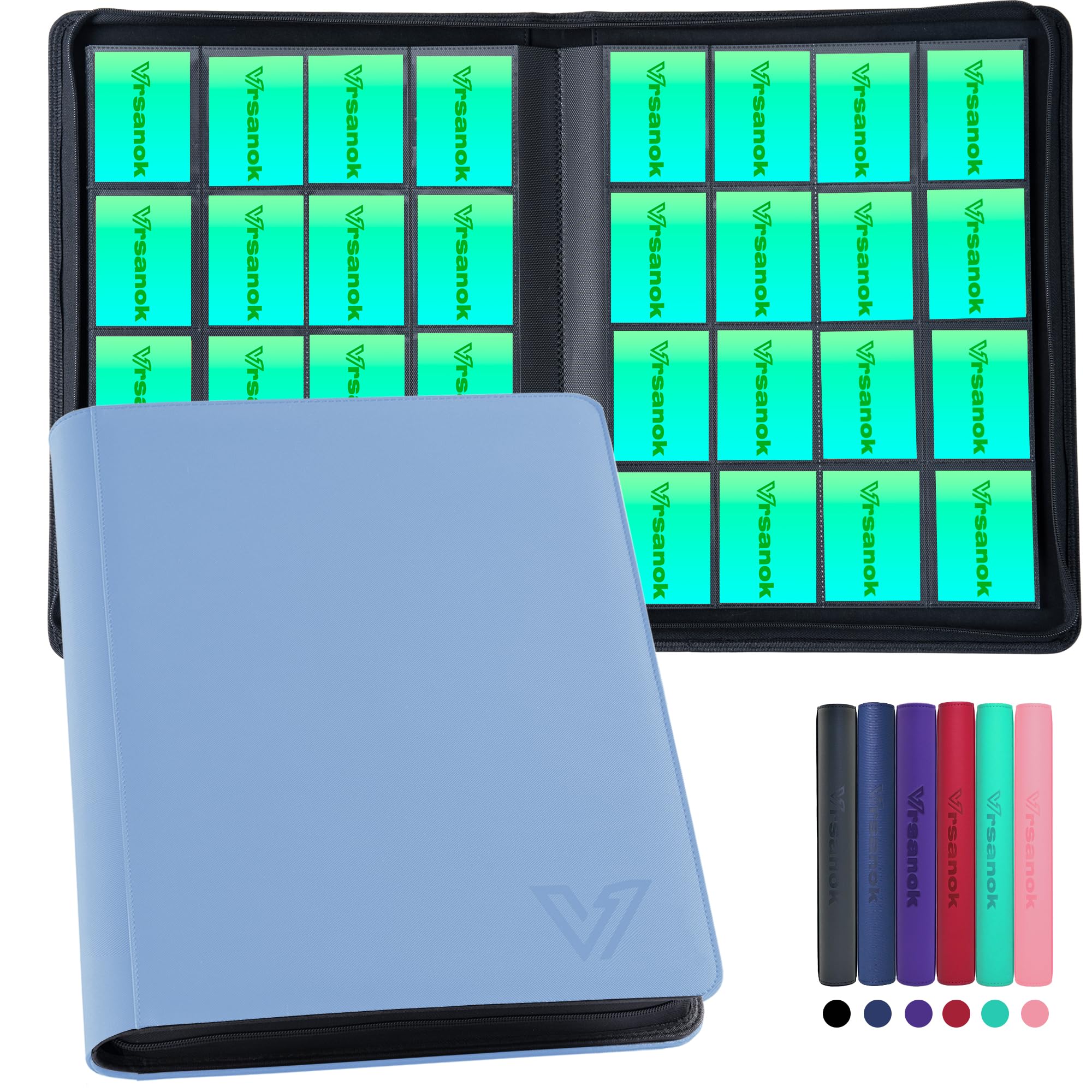 Vrsanok 16 Pocket Trading Card Binder – Holds 1280 Cards, Large Capacity 4x4 Card Album with 40 Double-Sided Pages,Ringless PU Cover Zipper Card Folder for Sports & Standard Size Cards Sky Bule