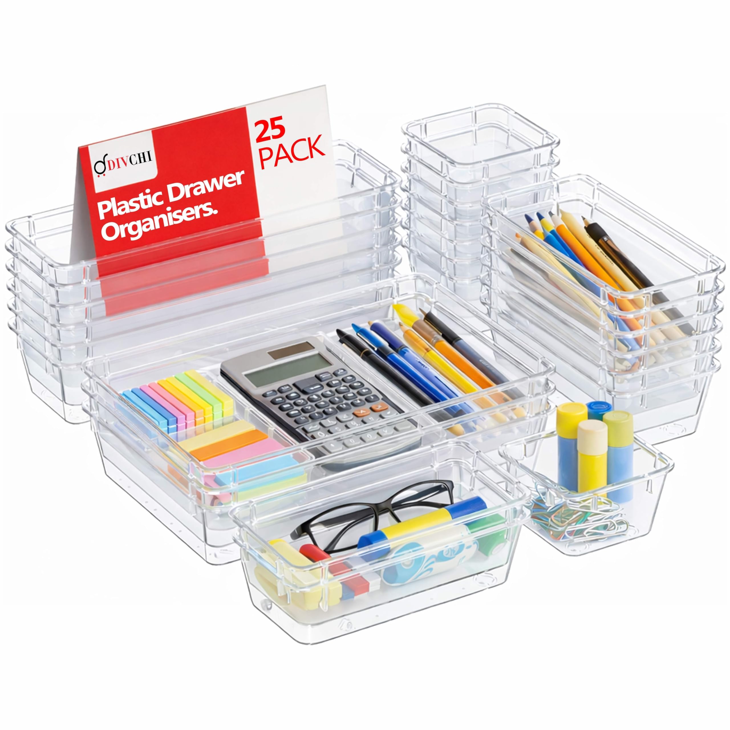 DIVCHI Drawer Organiser Trays 25 Pack – Clear Plastic Drawer Organizers Set for Kitchen, Bathroom & Desk | Makeup Drawer Organiser Tray | Storage Organiser| Vanity Table Accessories & Storage Trays