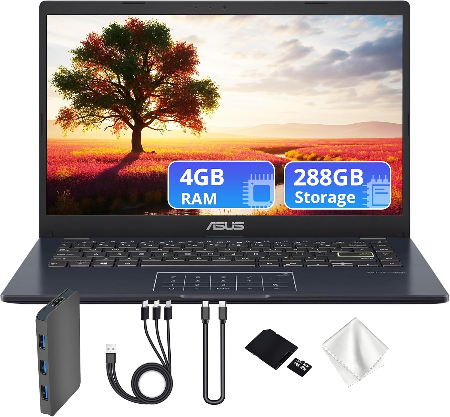 ASUS Vivobook Go 14" FHD Business Laptop, Intel Celeron N4500, Intel UHD Graphics, 4GB DDR4, 288GB Storage (128GB eMMC&160GB Docking Station), Numeric Keypad, Webcam, Wi-Fi 5, Win 11, Star Black