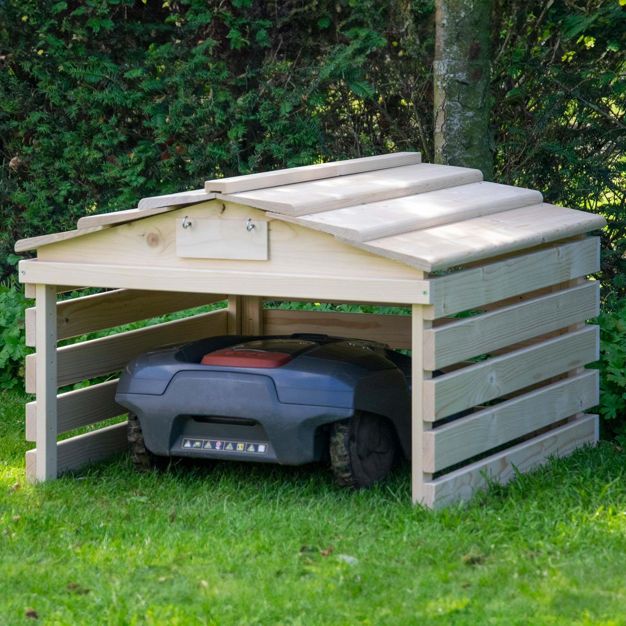dobar® Garaje para Robot cortacésped de Madera con Techo extraíble, con Escudo Personalizable, 78,5 x 74 x 52,5 cm, Color Natural