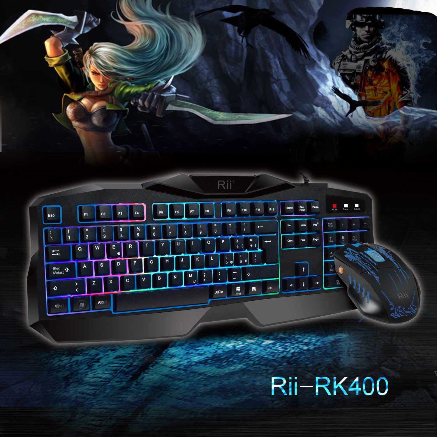 Rii Gaming RK400 (layout ITALIANO) - Tastiera italiana da gioco + Mouse da gioco 2000 DPI (Retroilluminati a LED 7 colori)