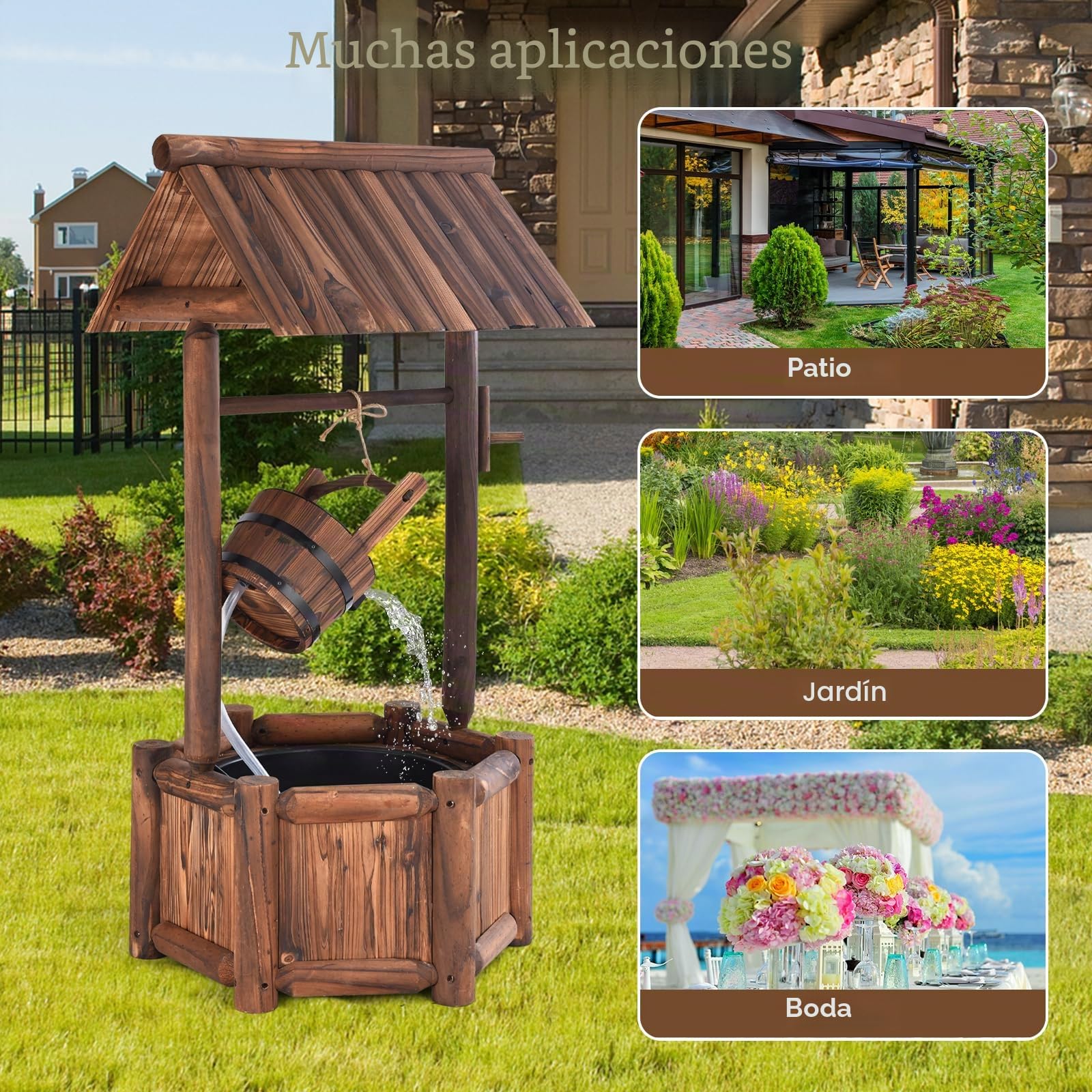 RELAX4LIFE Fuente de Jardín de Madera con Bomba Eléctrica 300L/H, Pozo Decorativa con Control del Caudal de Agua para Jardín, Balcón, Patio, 58,5×56×117cm, Marrón
