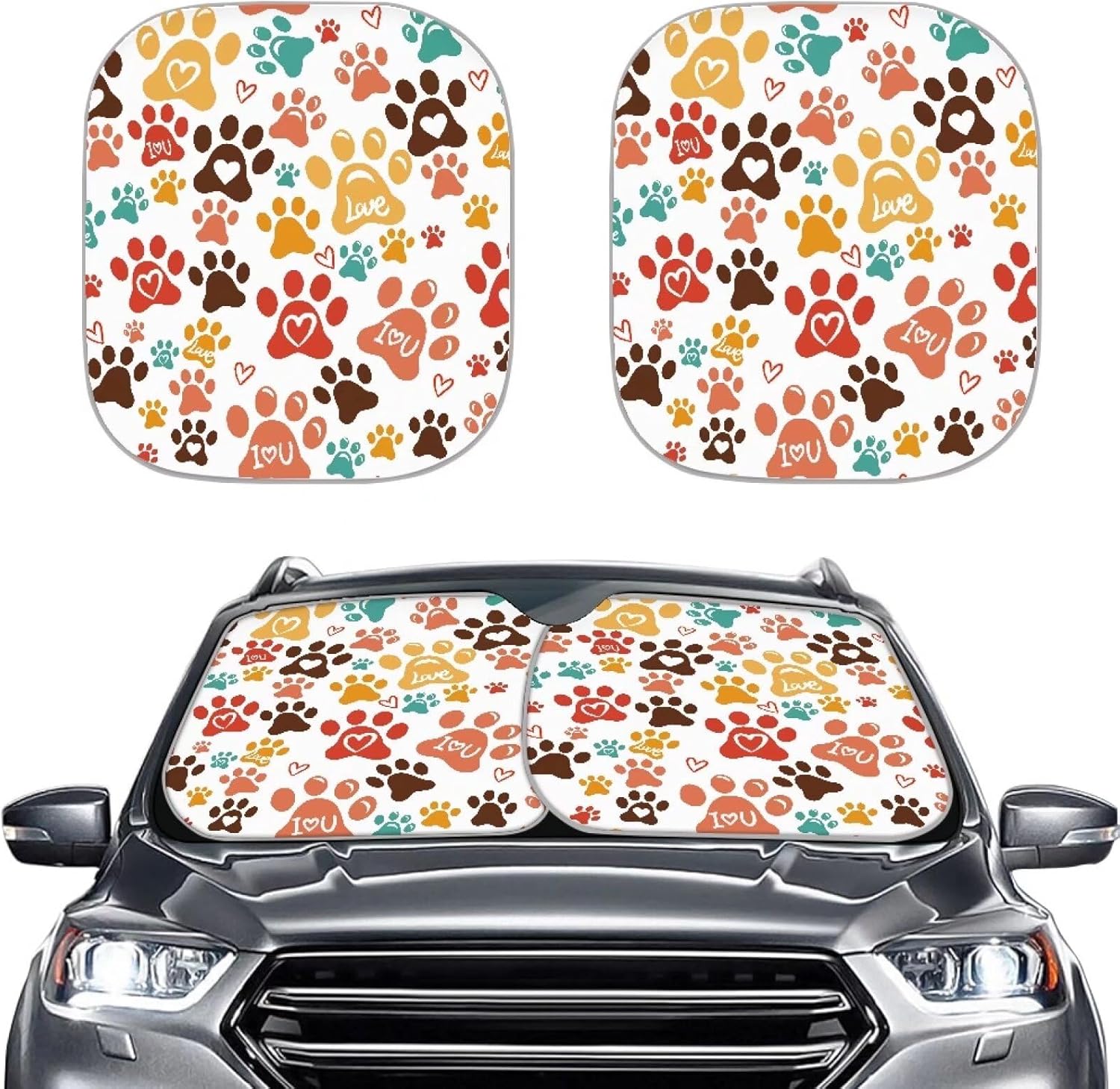Qiyupavto 2-Pack Colorful Dog Paw Prints Car Windshield Sunshade - Foldable UV Blocker Heat Reducer Interior Protector