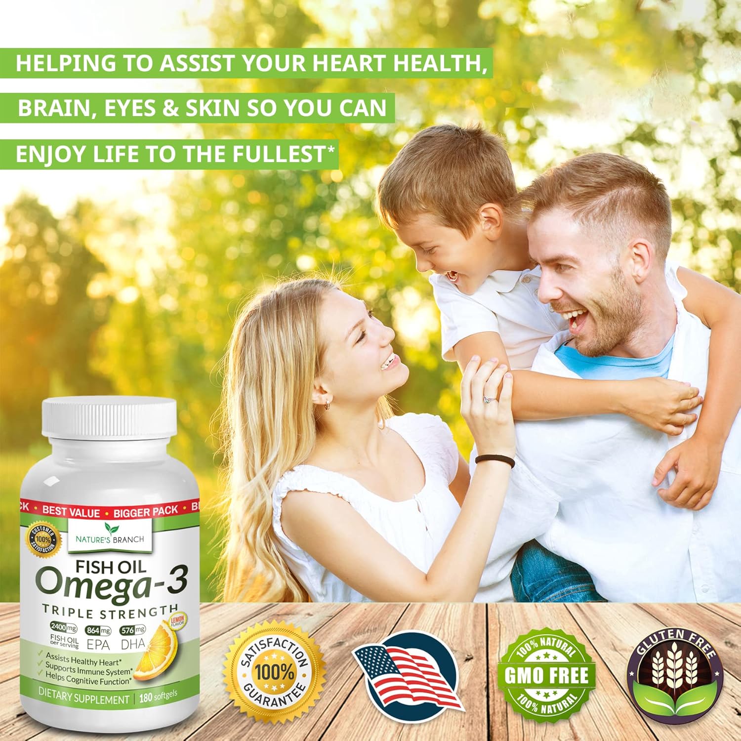 Best Triple Strength Omega 3 Fish Oil Pills - 180 Capsules - 2400mg High Potency Burpless Lemon Flavor 864mg EPA 576mg DHA Ultra Pure Liquid Softgels for Brain Joints Eyes Heart Health Supplement : Health & Household