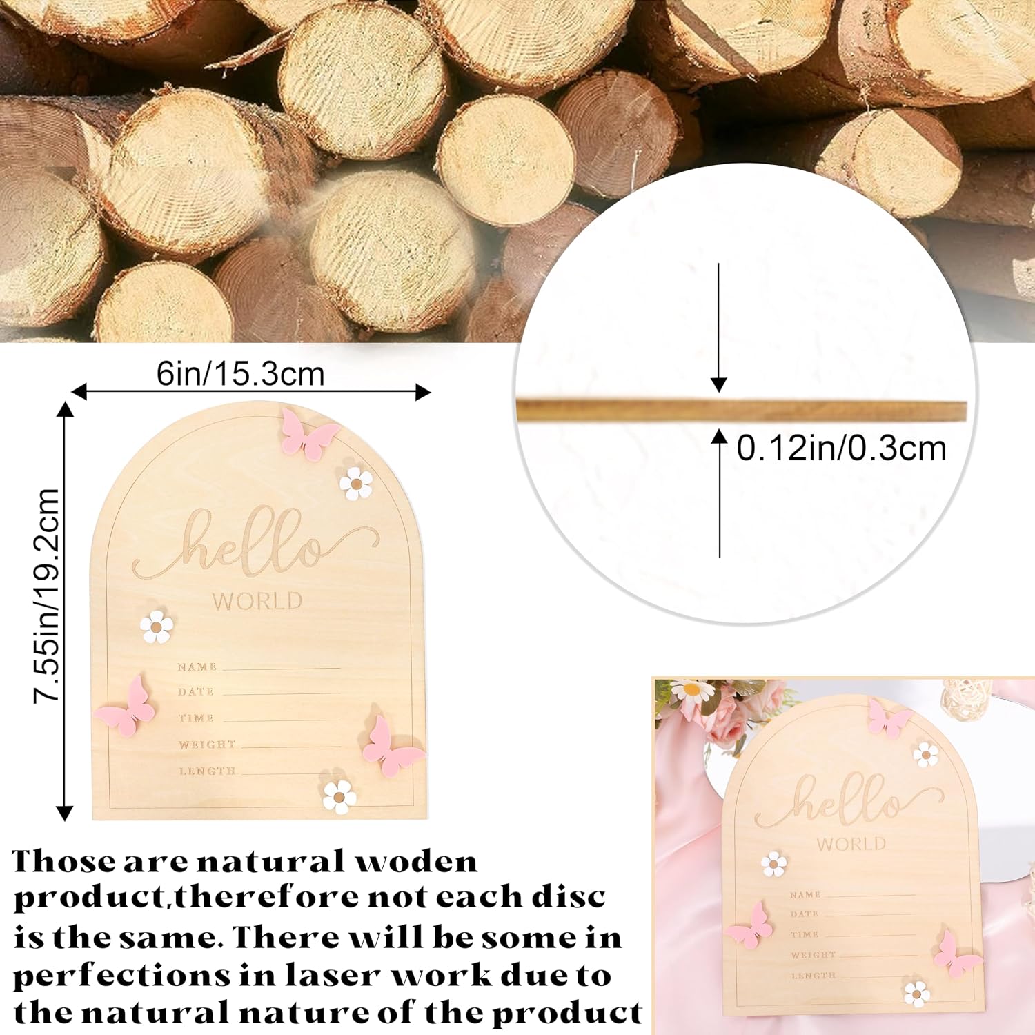Hello World Newborn Sign - Baby Announcement Sign for Baby Showers, Pink Butterfly Newborn Birth Announcement Board, Daisy Wooden Milestone Card,Welcome.