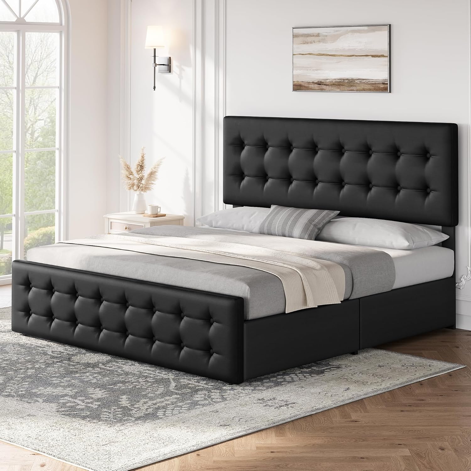 IDEALHOUSE King Size Bed Frame with 4 Storage Drawers and Headboard, Faux Leather Upholstered Platform Bed Frame with Wooden Slats Support, Button Tufted Design, No Box Spring Needed, Black