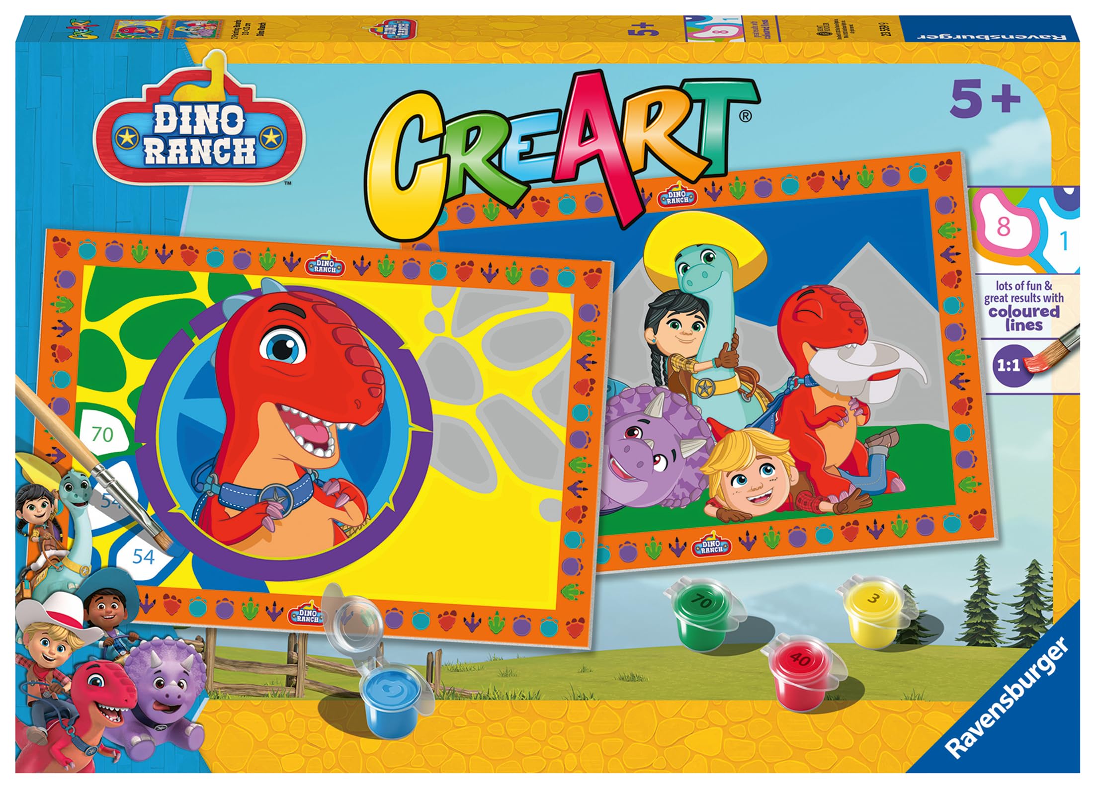Ravensburger - CreArt Serie Junior: Dino Ranch, Kit para Pintar por Números, Contiene dos Tablas Preimpresas, un Pincel, Colores, Juego Creativo para Niños y Niñas 5+ Años