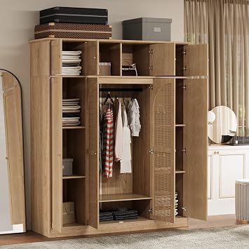 4 Doors Large Armoire Wardrobe Closet with Rattan Doors, 70.87 Tall Freestanding Wooden Closet Wardrobe Cabinet with Hanging Rod and Adjustable Shelves, Clothing Storage Cabinet for Bedroom, Natural