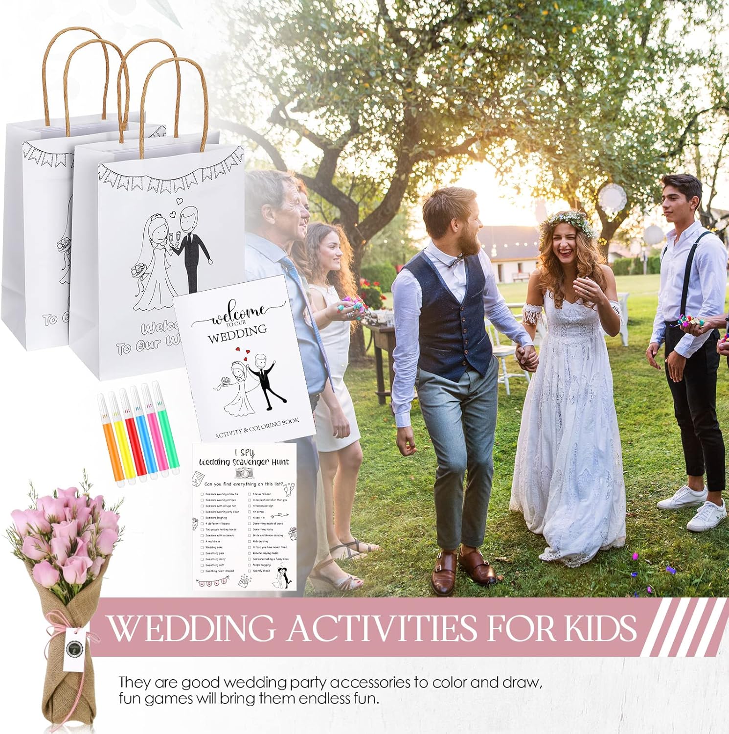 Gueevin 48 Pcs Wedding Activities for Kids Coloring Books Individually Packaged Wedding Coloring Books Gift Goodie Bags and Scavenger Hunt Sheets for Kids Games Favors (Watercolor Pens)