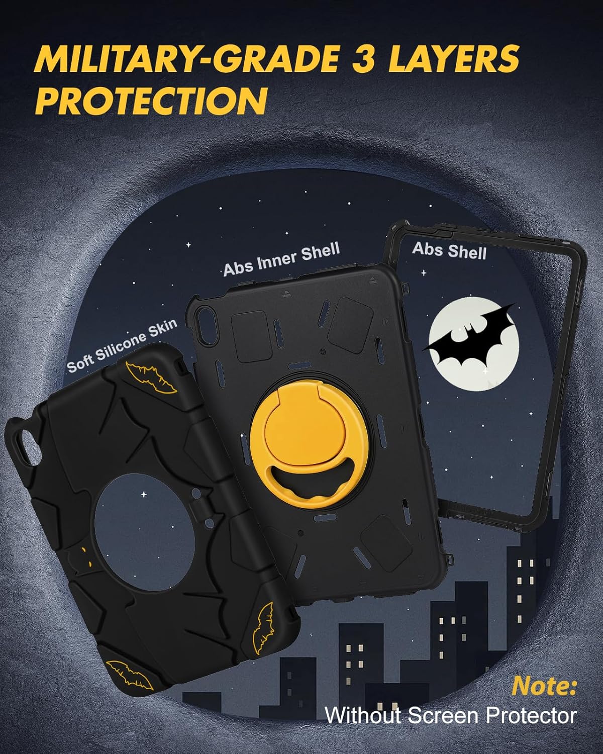 for iPad 10th Generation Case 10.9 Inch, for iPad A16 Case 11th Generation - Boys Men Cute Cartoon Black Heavy Duty Shockproof Rugged Protective Cover with Rotating Stand & Strap & Pen Holder