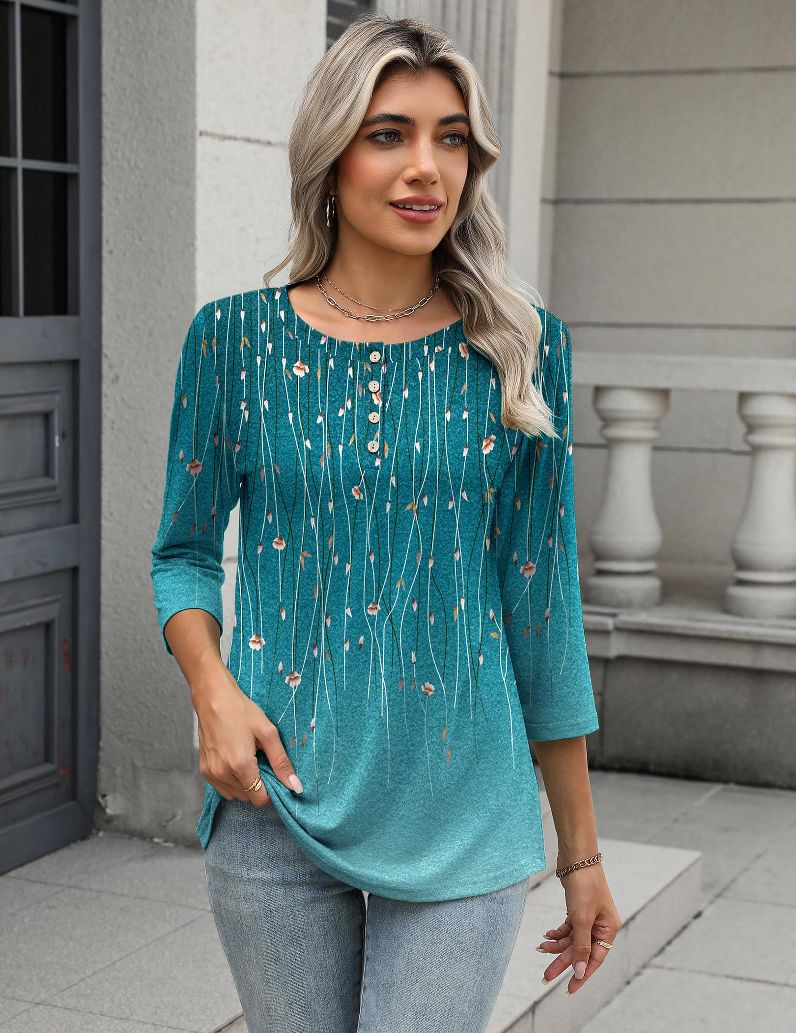 Zeagoo T-Shirts Femmes Hauts pour Femmes à Manches 3/4 Chemisiers Basiques Élégants Chemisiers Décontractés Henley S-XXL