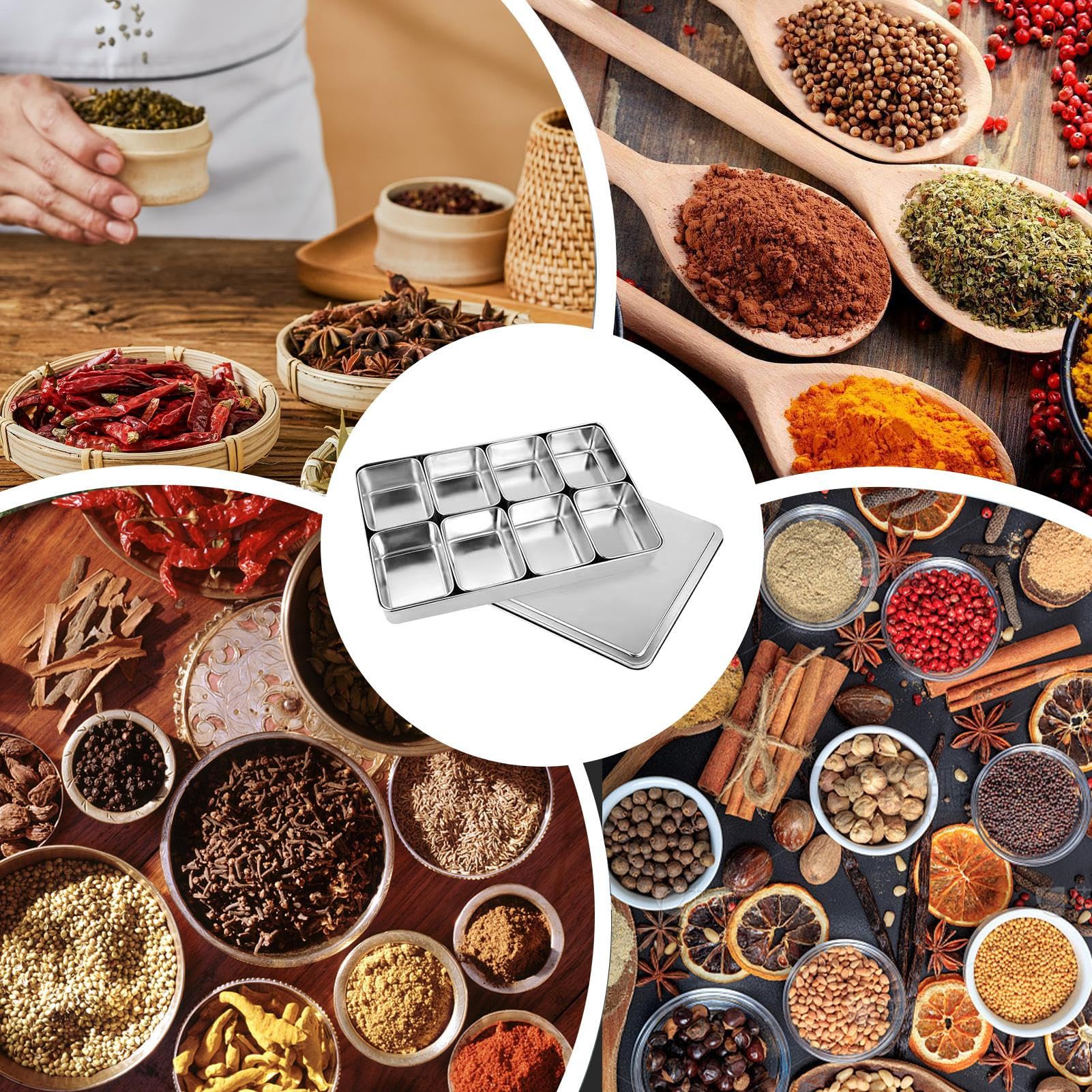 Contenitore per spezie, contenitore per ingredienti in acciaio , contenitore rettangolare per spezie con coperchio, vassoio diviso per aceto, sale