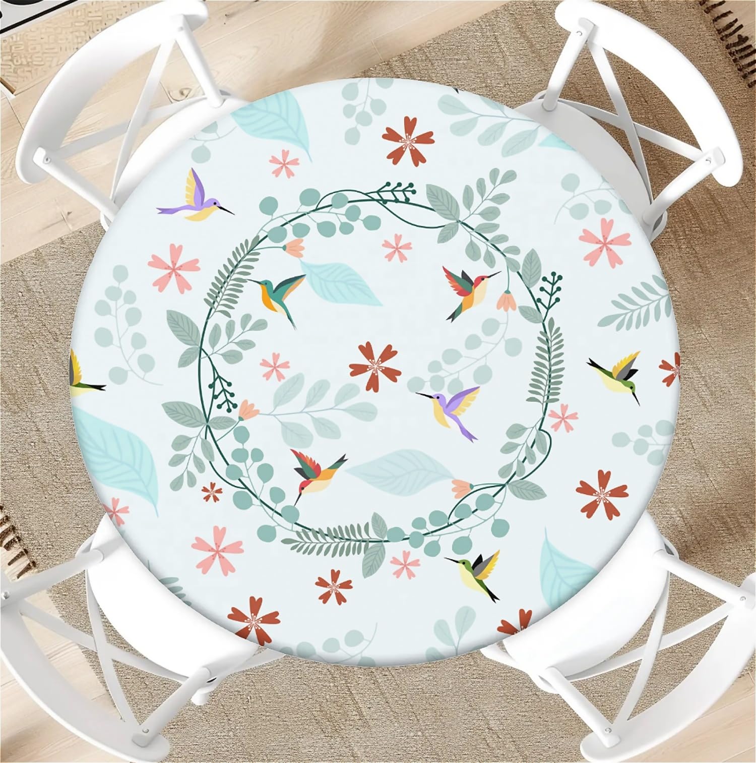 Round Tablecloth with Elastic Edge 36 Inch Waterproof Outdoor Fitted Table Cover for Dining, Kitchen, Party –Hummingbird Carrying A Ring Decorative Patterned Table Protector