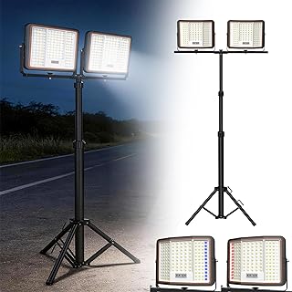 UISEBRT 2x100W LED Baustrahler Akku mit Stativ & 2M Typ-C Kabel,360° Drehbar,3 Lichtmodi,110-174cm höhenverstellbar,Kaltweiß IP66 Wasserdicht Strahler für Garage Werkstatt Baustelle