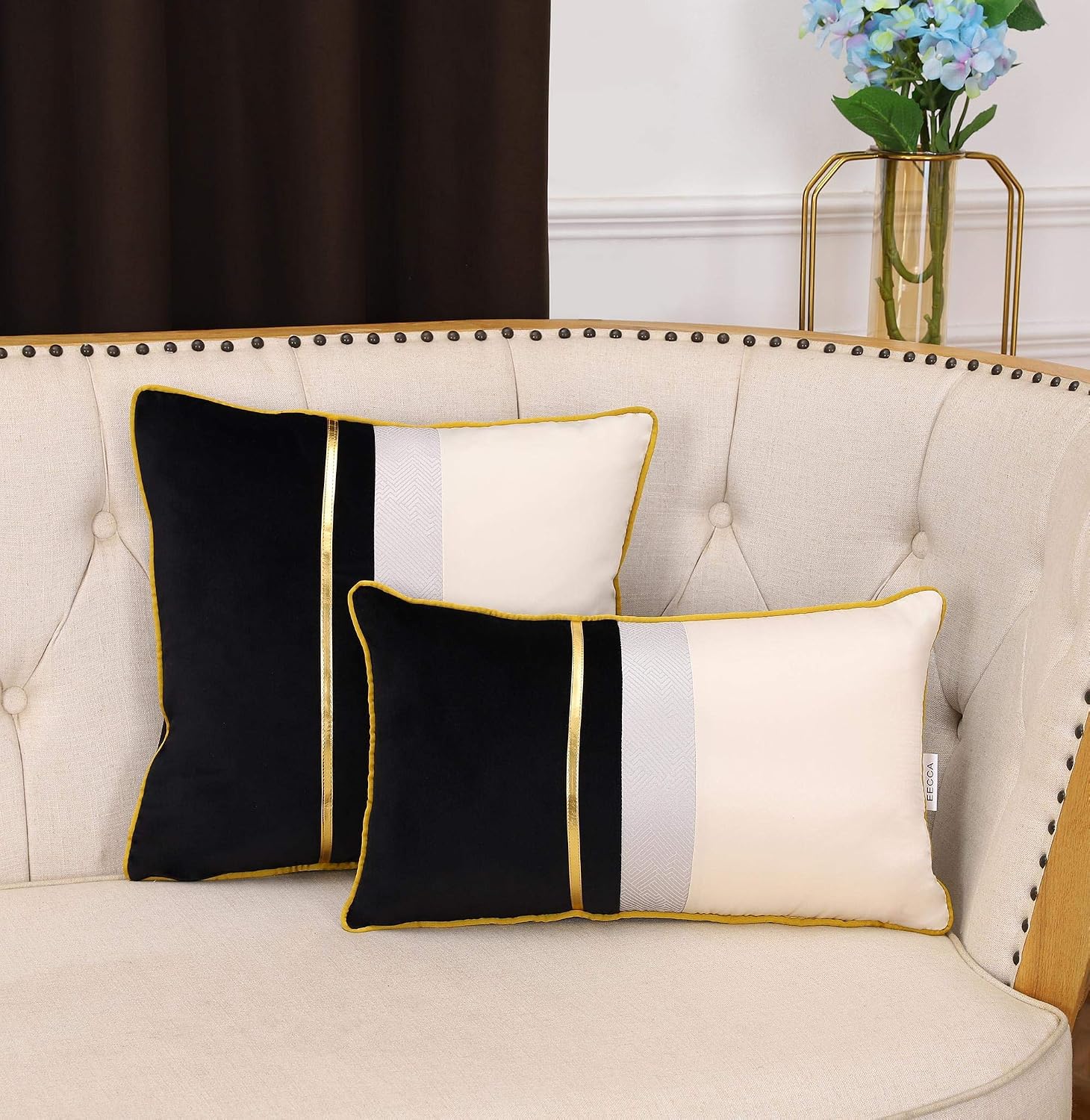 EECCA 2-Packs Gold Leather Striped Patchwork Velvet Cushion Case Luxury Modern Square Throw Pillow Cover Decorative Pillow for Bedroom Living Room Cushion Cases Bed Sofa,Black,18x18 Inches