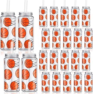 Domensi 24 Pack 14.2 oz Plastic Cups with Lid and Straw Clear Reusable Cups with Lids and StrawsTumbler for Birthday Sports Themed Party Supplies(Basketball)