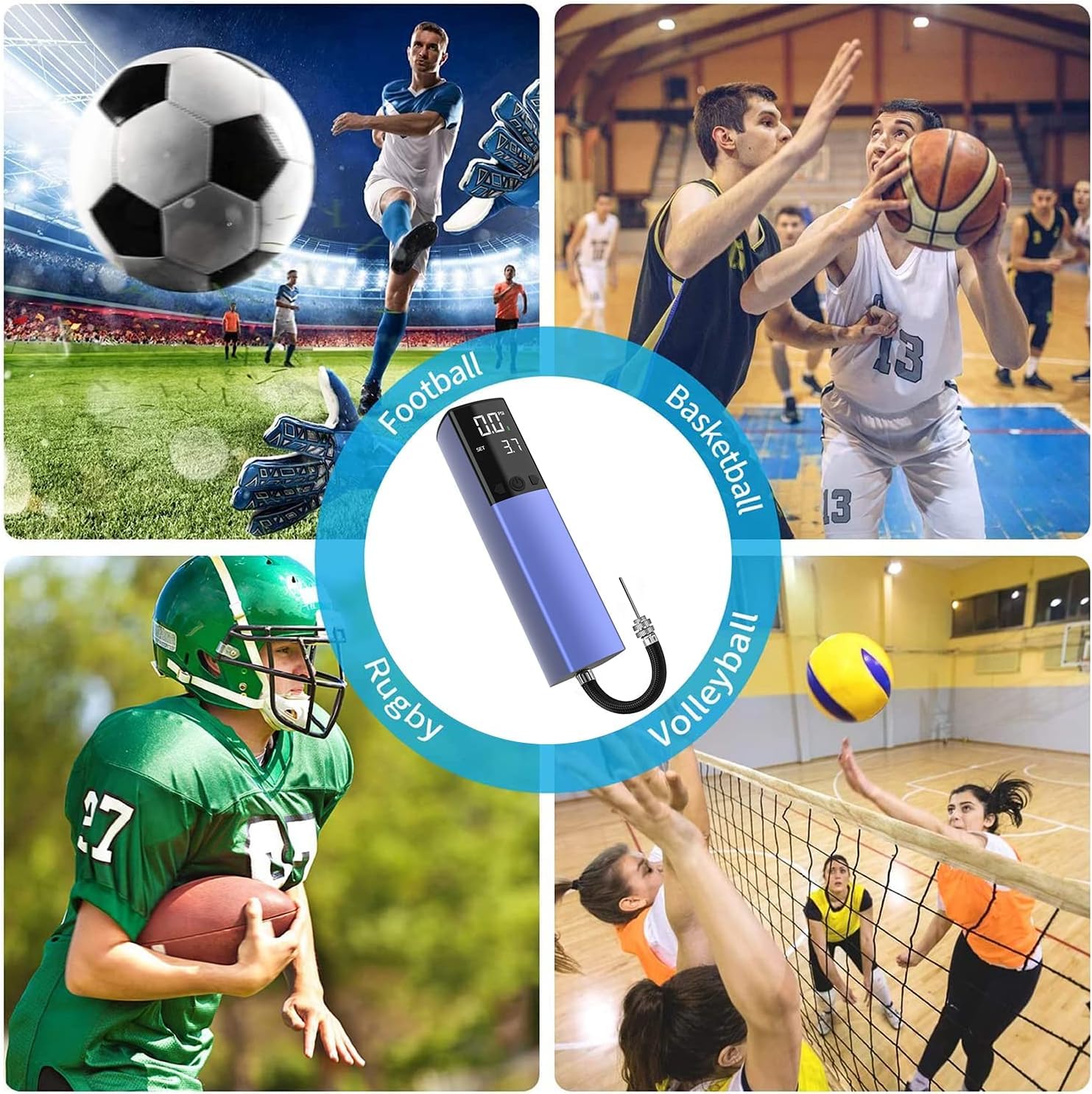 GPUTEK Pompa a sfera elettrica intelligente portatile, gonfiaggio veloce della palla con manometro preciso e display LCD digitale per calcio, basket, pallavolo (2 aghi e 1 ugello)