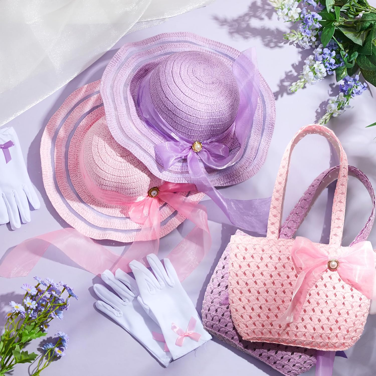 Zhanmai 6 Pcs Girls Tea Party Hats Accessories Set Kids Tea Party Bonnets Hats and Gloves Purses for Girls Dress up Favors - Image 6