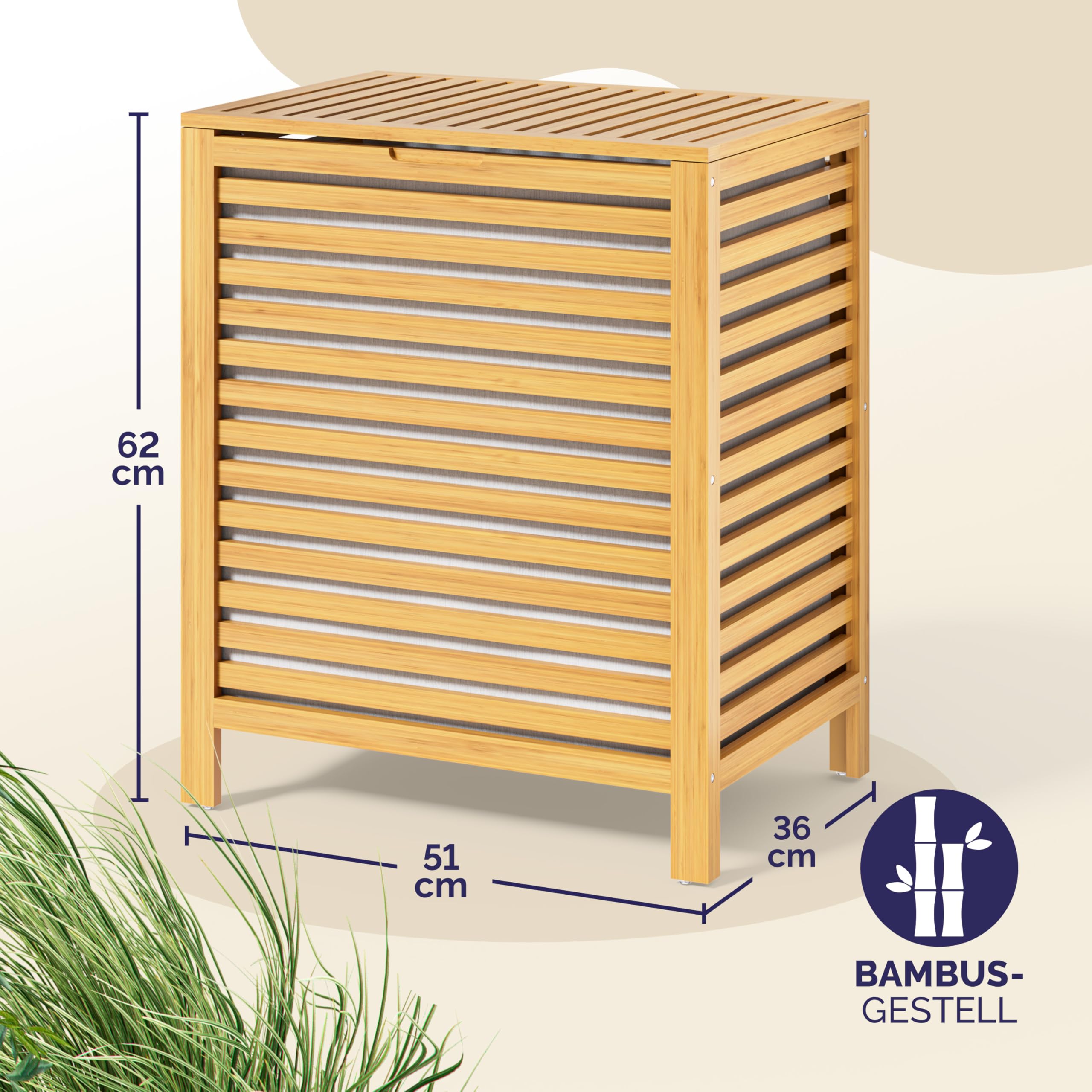 CASARIA® Wäschekorb mit Deckel Bambus Holz 70L Groß Wäschesammler Wäschesack Herausnehmbar Baumwolle 62x51x36cm Schmal Wäschebox Wäschetonne Badzimmer