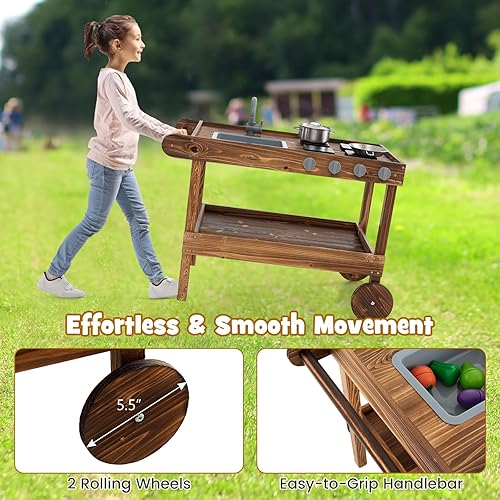 Miniatura 5 de HOMGX Cocina de barro con ruedas, cocina de madera para jugar al aire libre con fregadero, grifo, espacio de almacenamiento, estufa, patio trasero,