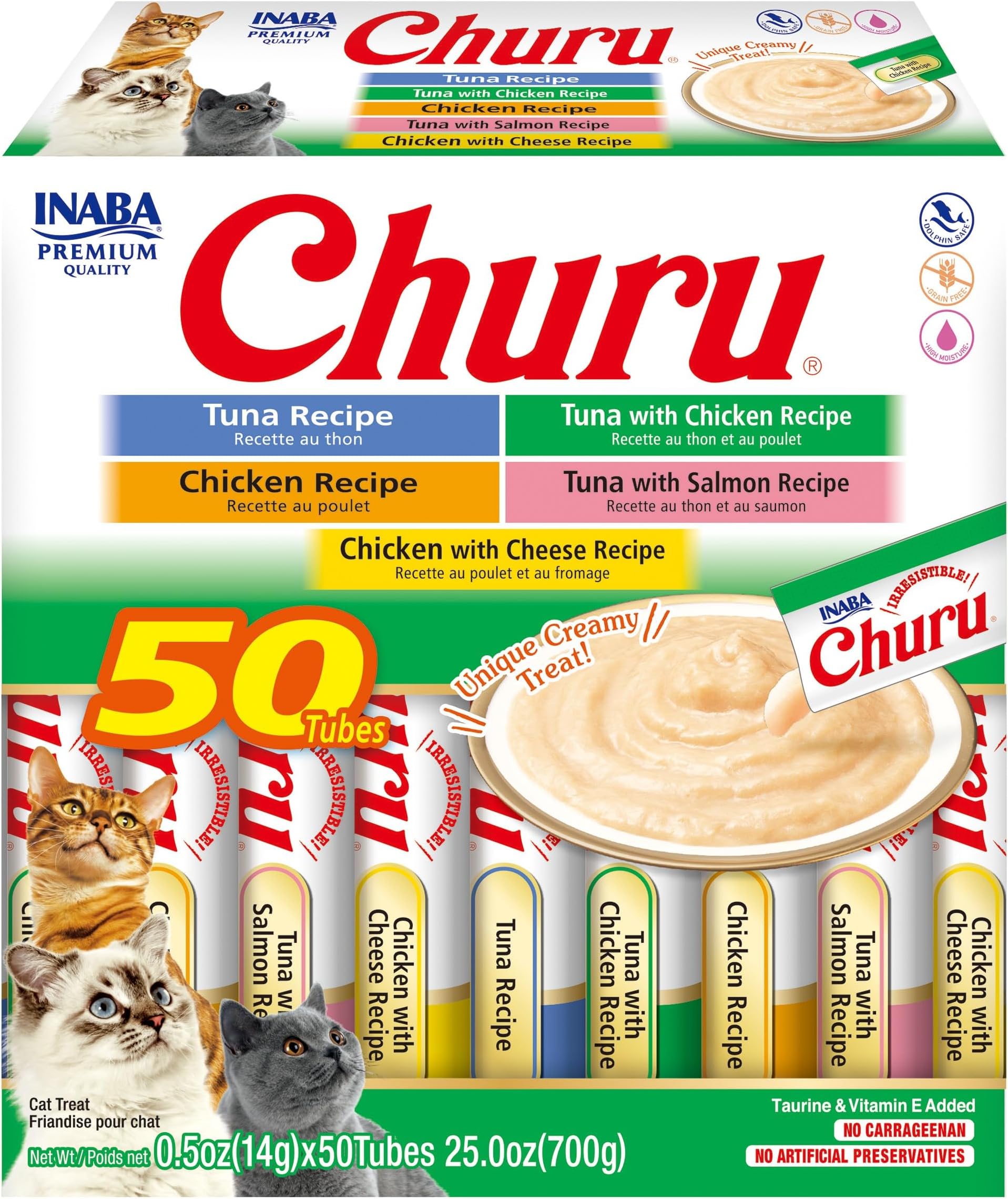 Churu Cat Treats, Grain-Free, Creamy Purée Cat Treat/Topper, Tuna & Chicken Variety