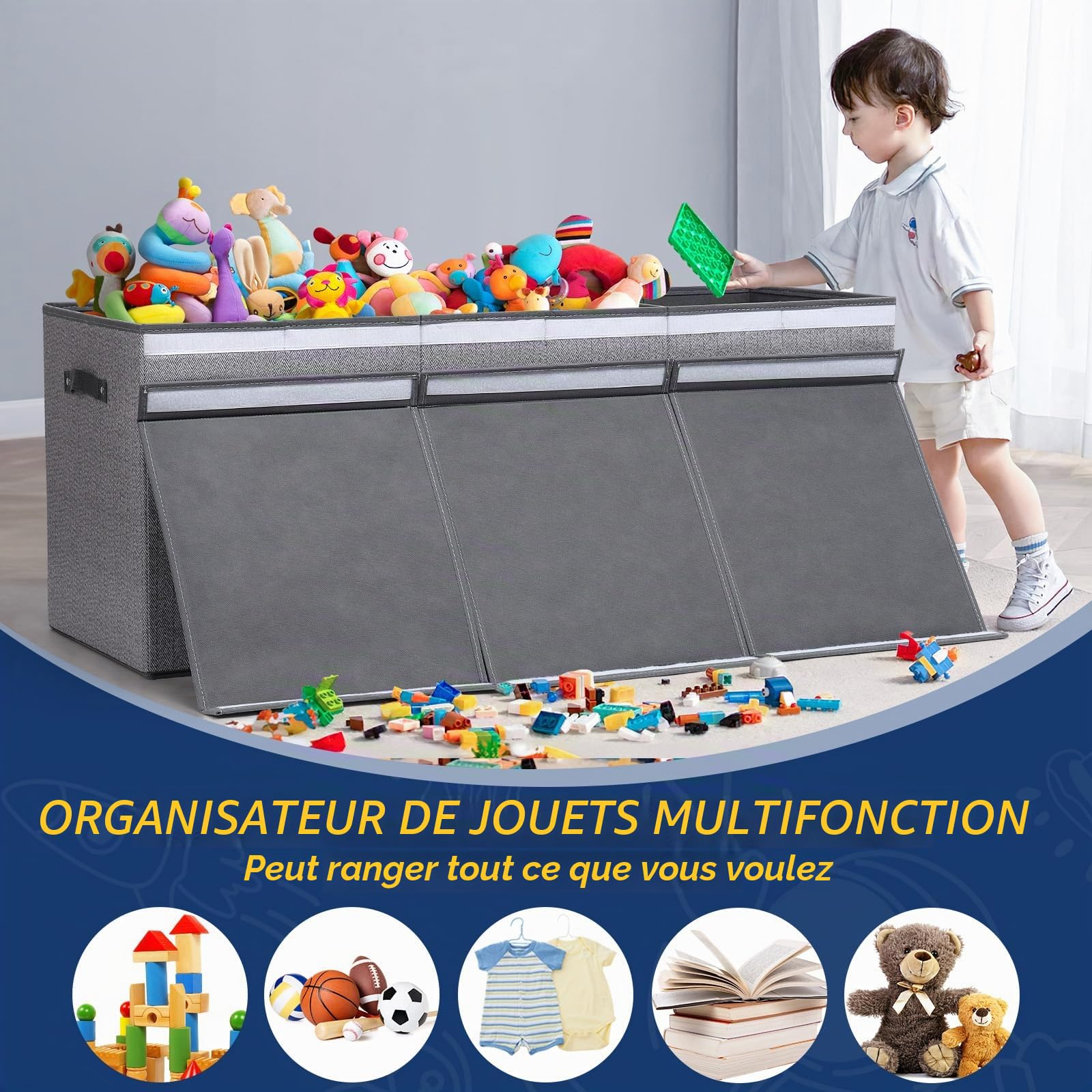 ELUCHANG Boîtes de Rangement Pour Enfant，Grand Coffre a Jouet Enfant Avec Couvercle，147L，Pliables, Poignées, Chambre d'Enfant, Salle de Jeux, Gris