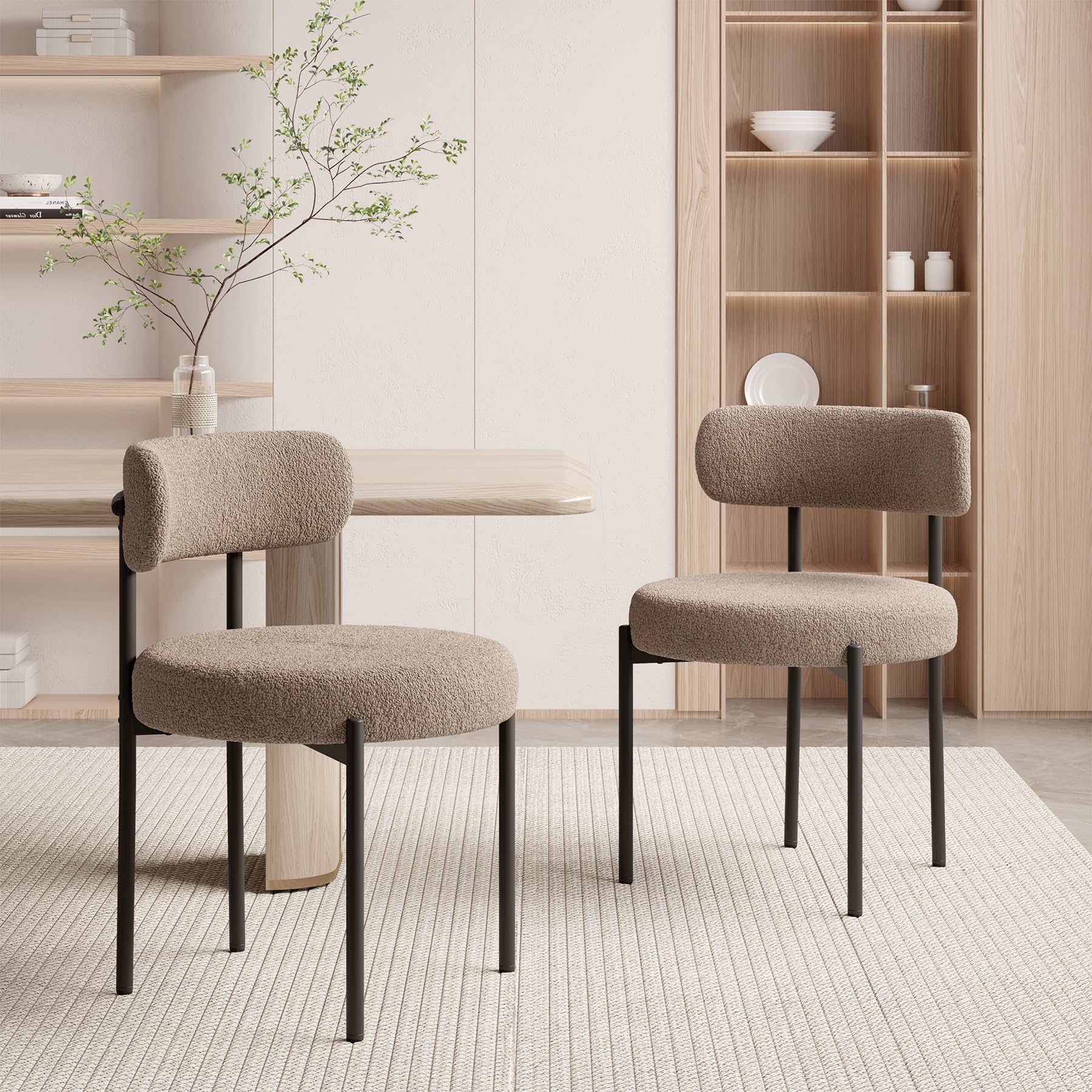 Hawthyhome Esszimmerstühle 2er Set丨Teddy Stoff Runde Boucle Stühle·Mid-Century gepolsterte Küchenstühle·Dining Chairs mit Metallbeinen·grau-braun
