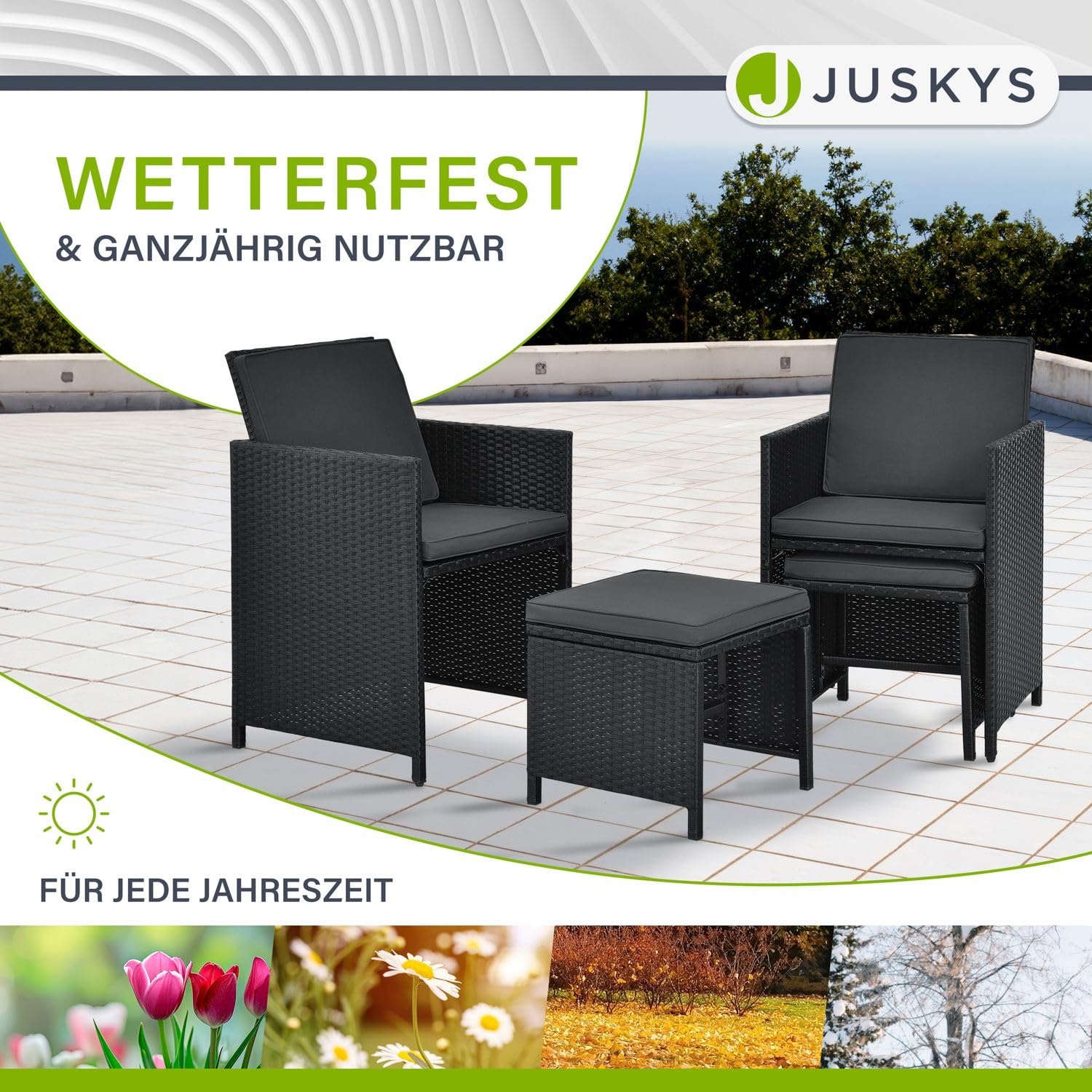 Juskys Polyrattan Sitzgruppe Baracoa XL 11-teilig wetterfest & stapelbar - 6 Stühle, 4 Hocker, Tisch mit Glasplatte & Kissen - 10 Personen - Gartenmöbel Set für Garten & Terrasse
