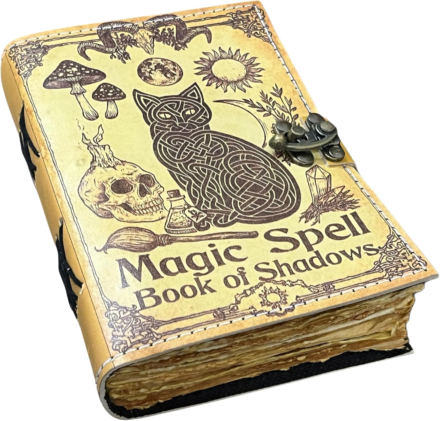 Magic Spell Book of Shadows – Handmade Leather Witchcraft Journal with Celtic Cat, Mushrooms, Skull & Sun Design – 200 Pages Vintage Deckle Edge Paper Grimoire, Witchy Wiccan Notebook, Spell Book, Gothic Sketchbook with Lock