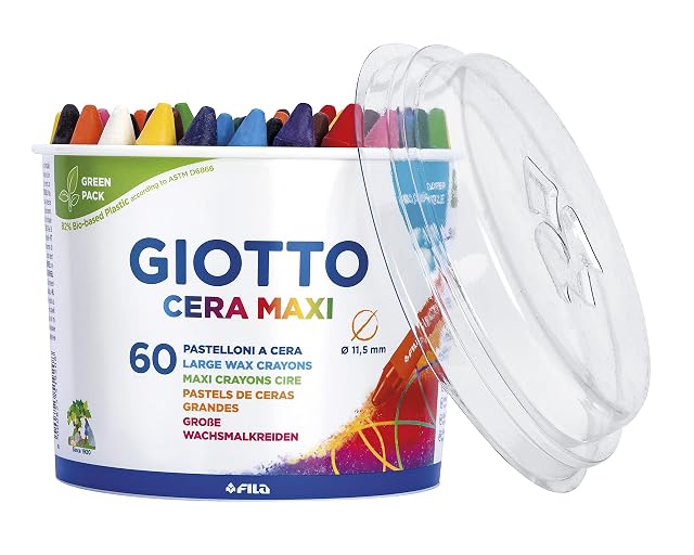 GIOTTO Cera Maxi, Súper Lavables, Diámetro 11.5mm, Bote de Bio Plástico, 5x12 Colores Surtidos, 60 unidades