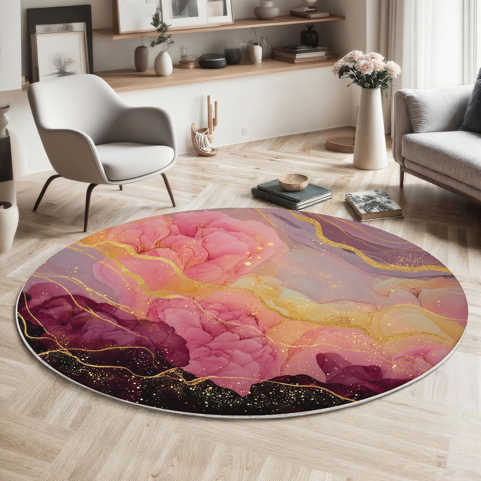 Teppich Rund 180cm Teppich Wohnzimmer Goldrosa Waschbarer Abstraktes Design Rosa Marmor Teppiche Schlafzimmer Teppiche Kurzflor für Wohnzimmer Schlafzimmer Esszimmer