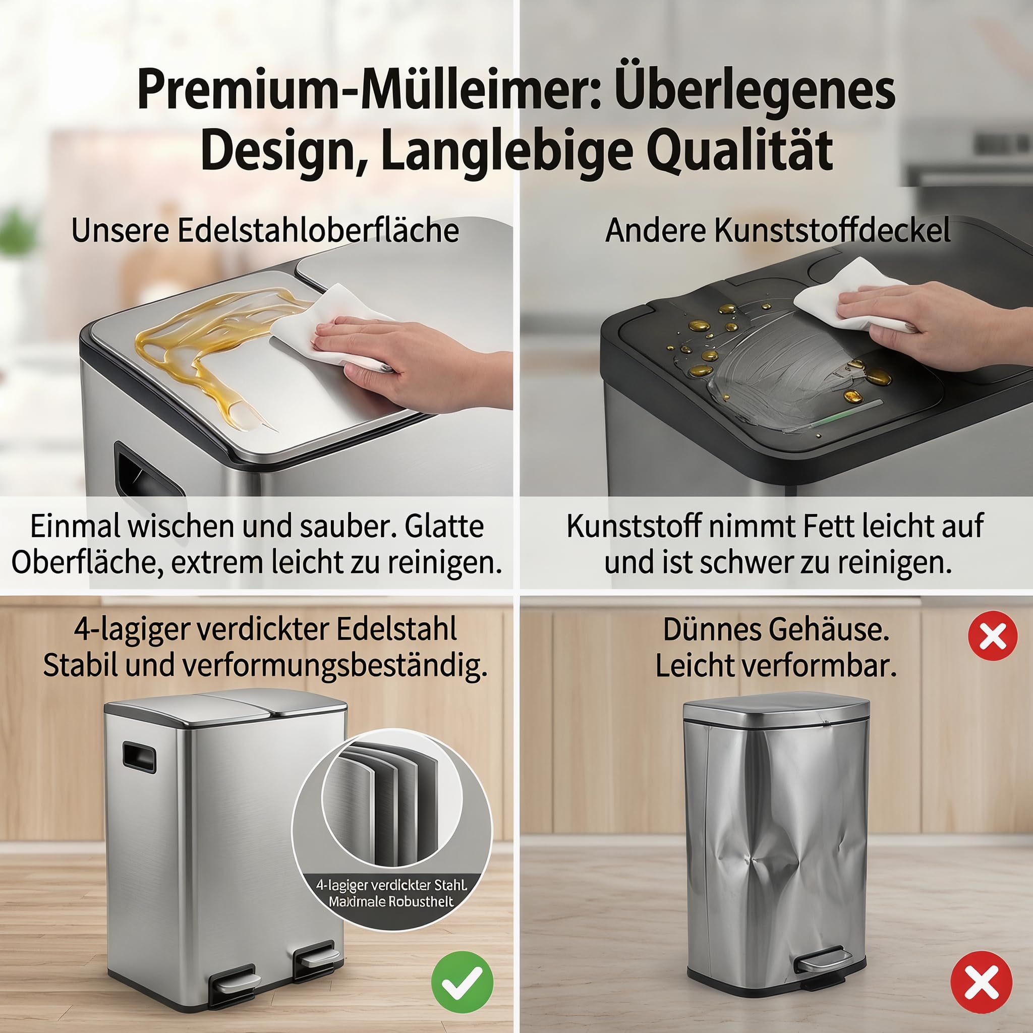 Mülleimer Küche 2 x 19 L(38L), Edelstahl Treteimer mit Deckel, Mülltrennsystem 2 Fächer, Abfalleimer mit Softclose, Fingerabdruckresistent, Pedaleimer mit Inneneimer für Küche Haushalt