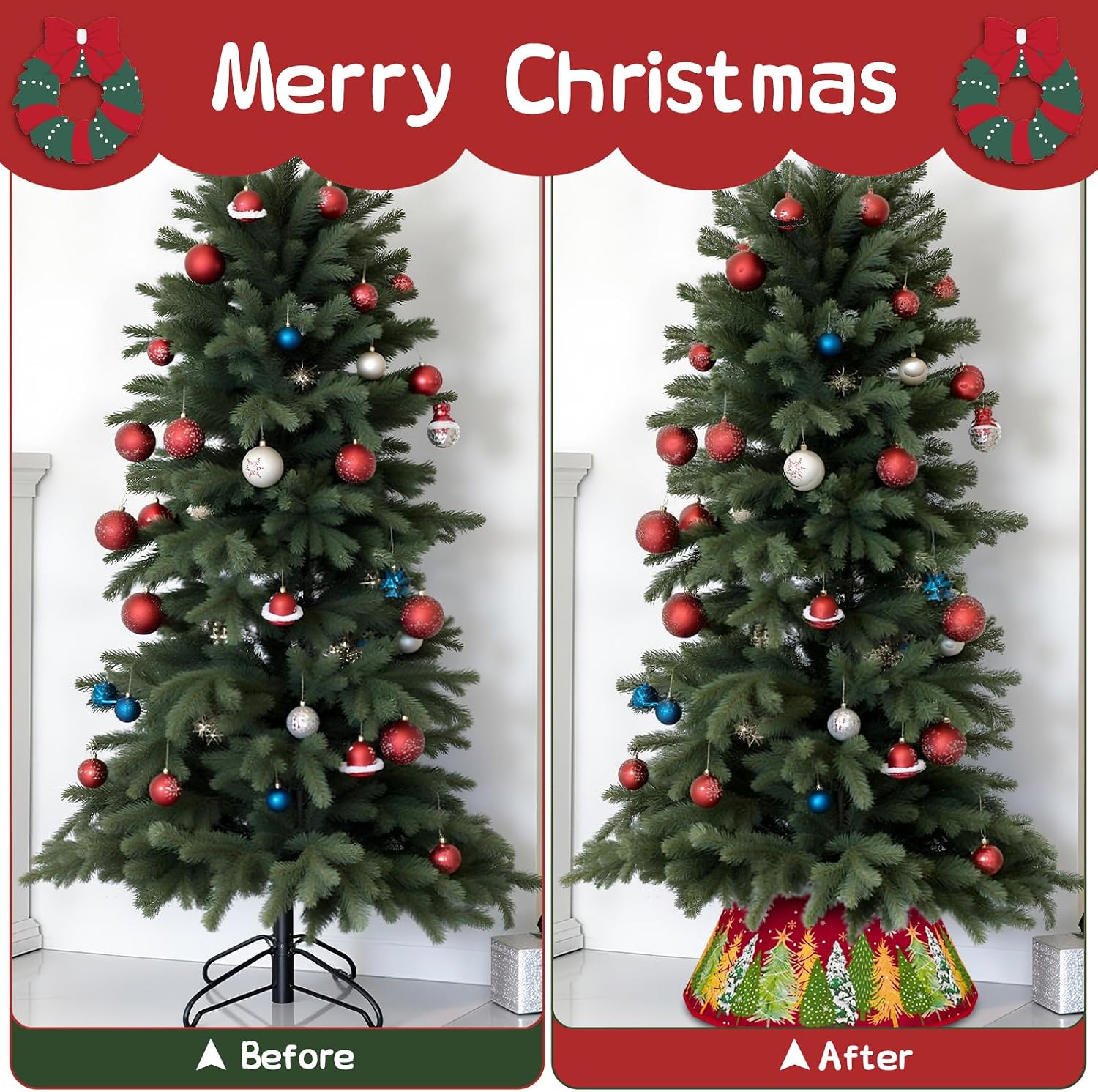 Christmas Tree Collar - 25.6" x 9.8" Patterned Tree Skirt/Base Collars, Foldable Red Xmas Christmas Tree Stand Cover for Holiday New Year Party Decoration