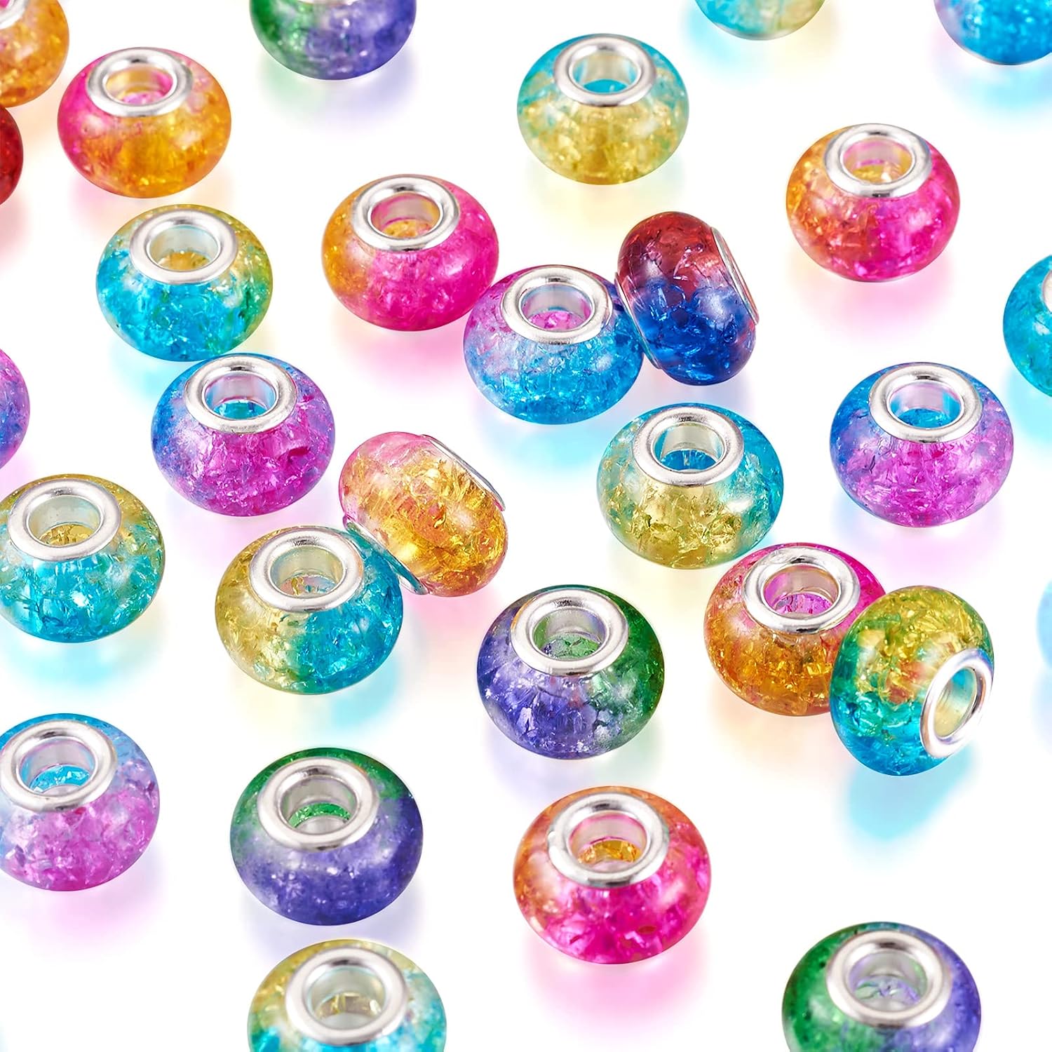 Craftdady 100pcs Crackle Rondelle European Beads Large Hole Resin Colorful Slide Charm Beads with Silver Core 14.5x8mm Mixed Colors for Leather Macrame Jewelry Craft Making Hole: 4.5mm