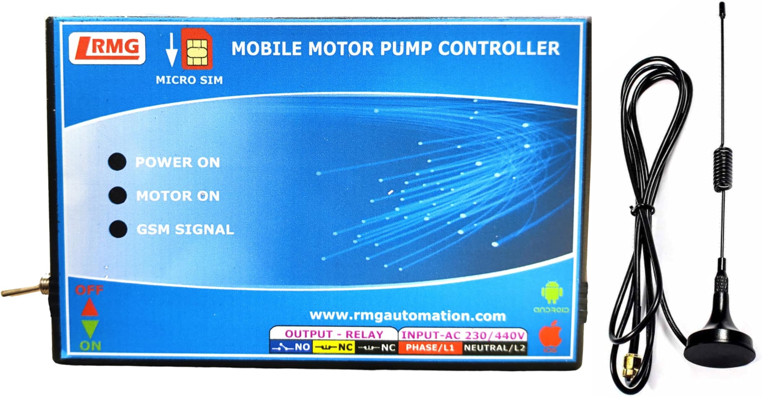 RMG Basic GSM Mobile Motor Pump Controller | Control Pump from Anywhere via Mobile Call/SMS | 3 Phase Star Delta 3 Button Starter Compatible | SMS Alerts, Easy Installation & Durable Design