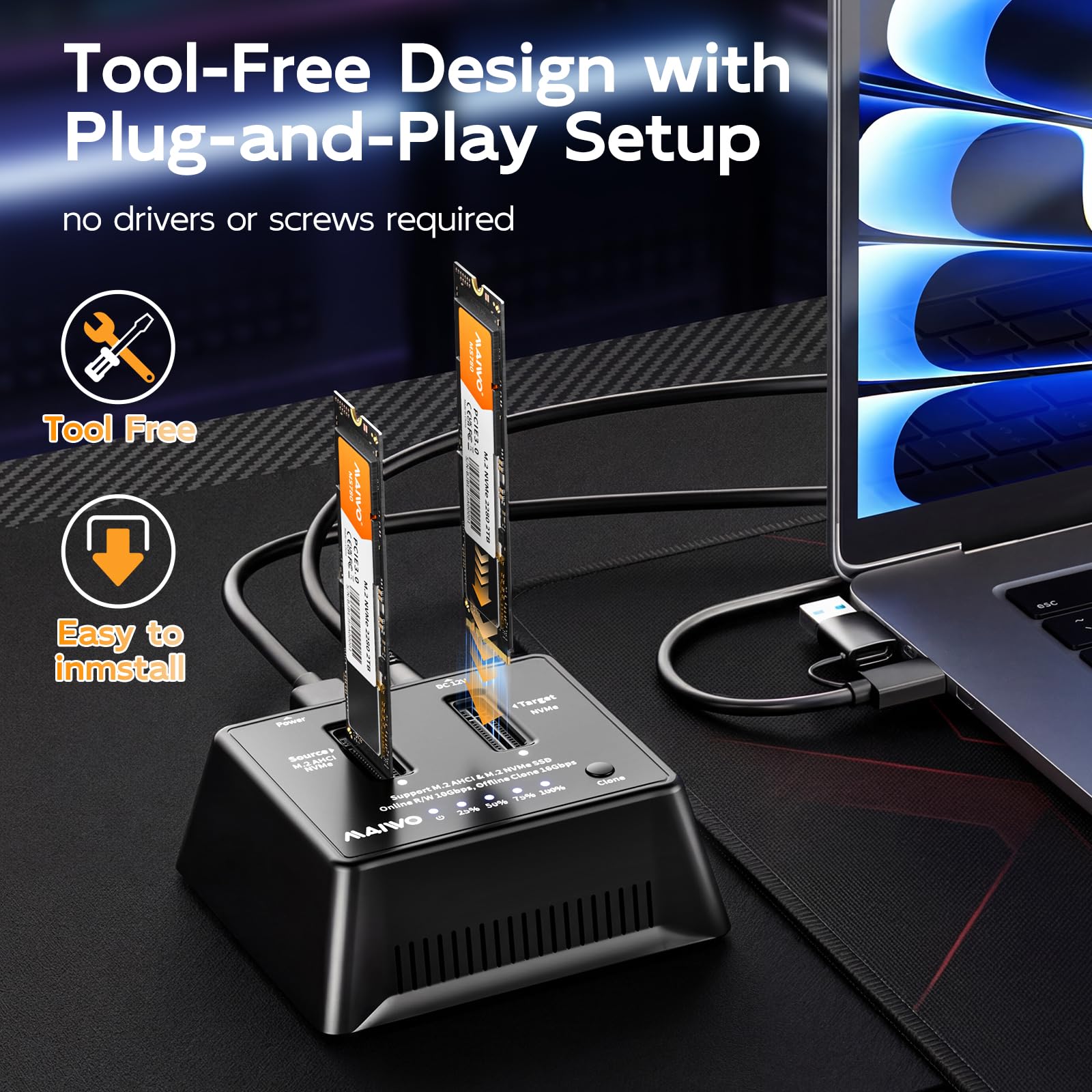 NVME M.2 SSD Cloner, M.2 SSD DUPLICATOR Offline Clone 16 Gb/s ~ 20 Gb/s USB 3.2 Gen 2, podwójna obudowa NVMe obsługuje do 16 TB dla M.2 SSD 2230/2242/2260/2280/22110