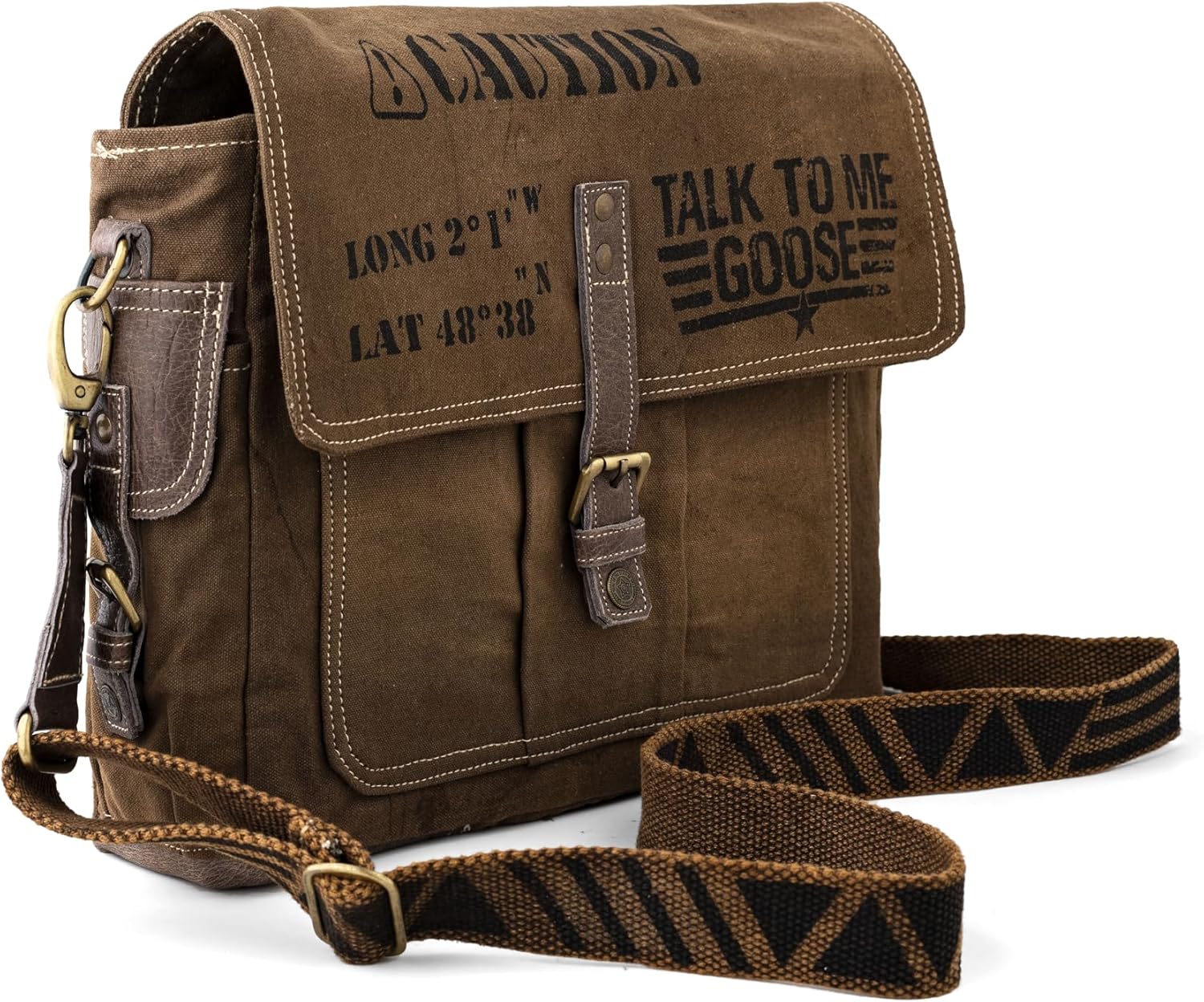 3B-Vintage Print Talk To me goose Upcycled Military Leather Canvas Shoulder Bag Laptop Messenger Bags Crossbody 2 Straps