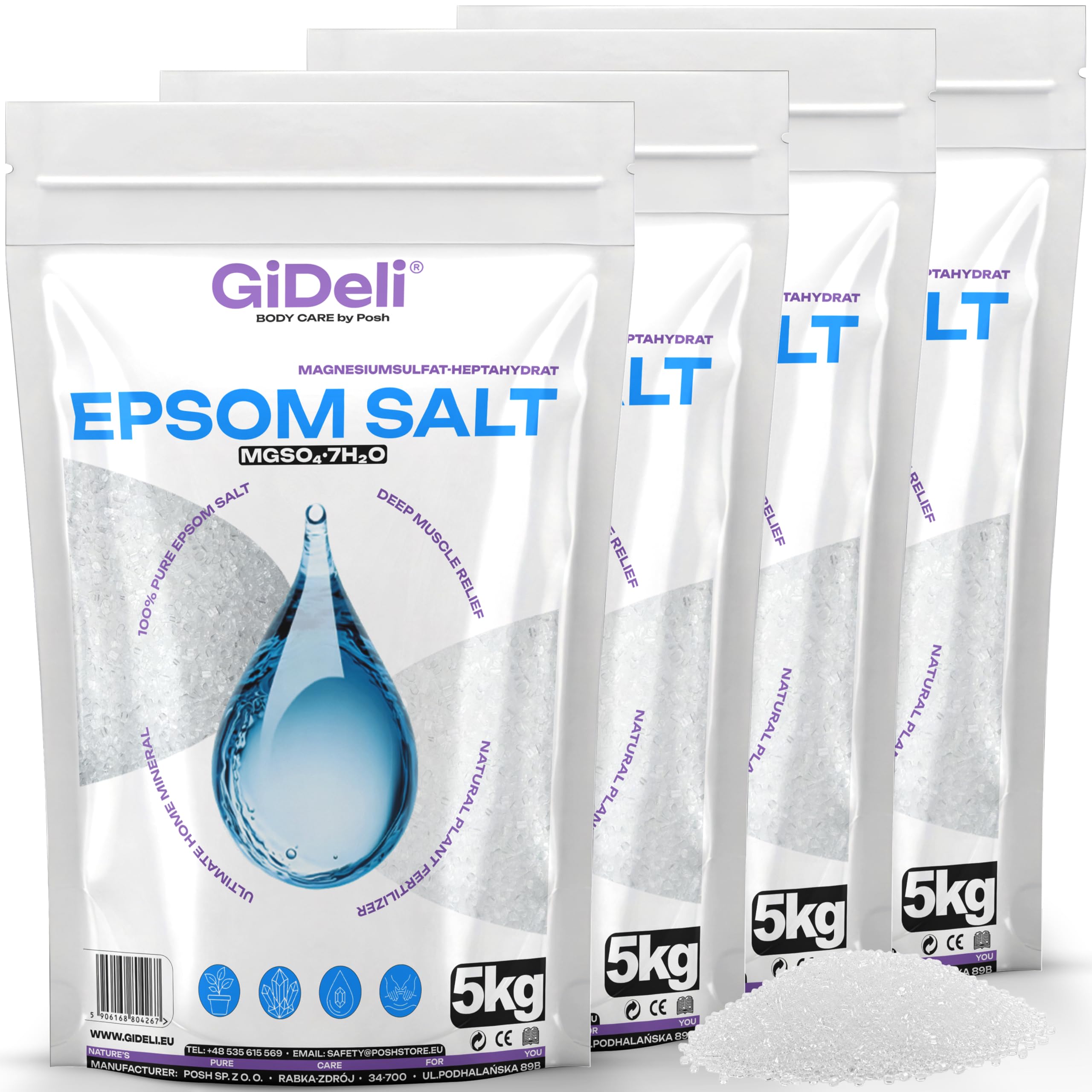 GiDeli Epsom sale da bagno Sale Epsom, solfato di magnesio puro eptahidrato, qualità farmaceutica (20 kg)