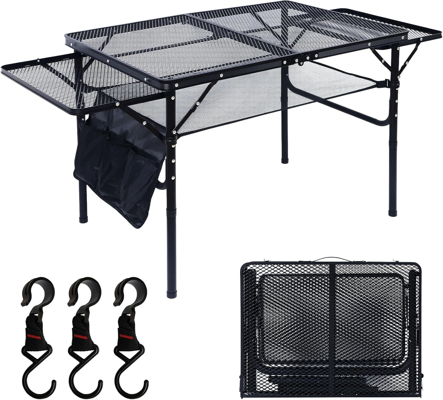 Folding Grill Table, 3FT Portable Camping Table with 2 Wing Panels, Height Adjustable Metal Table with Cup Holder and 3 Hooks, Lightweight Outdoor Table for Picnic and BBQ, Black