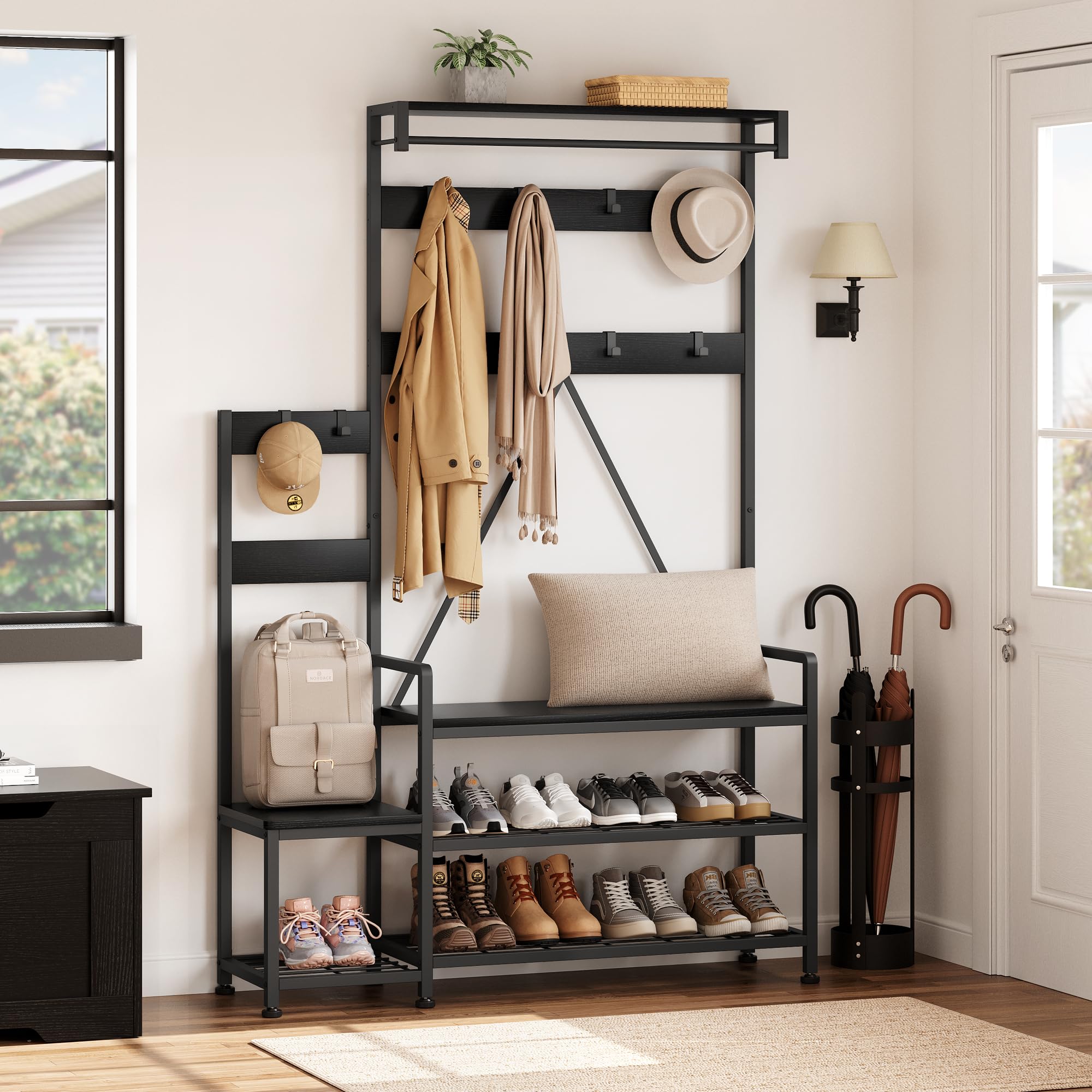 GarveeMore Industrial Hall Tree with Shoe Storage Bench, 4-in-1 Entryway Organiser with Coat Racks & Shelves, Parent-Child Design Entry Bench for Hallway Living Room Home Organisation,Black