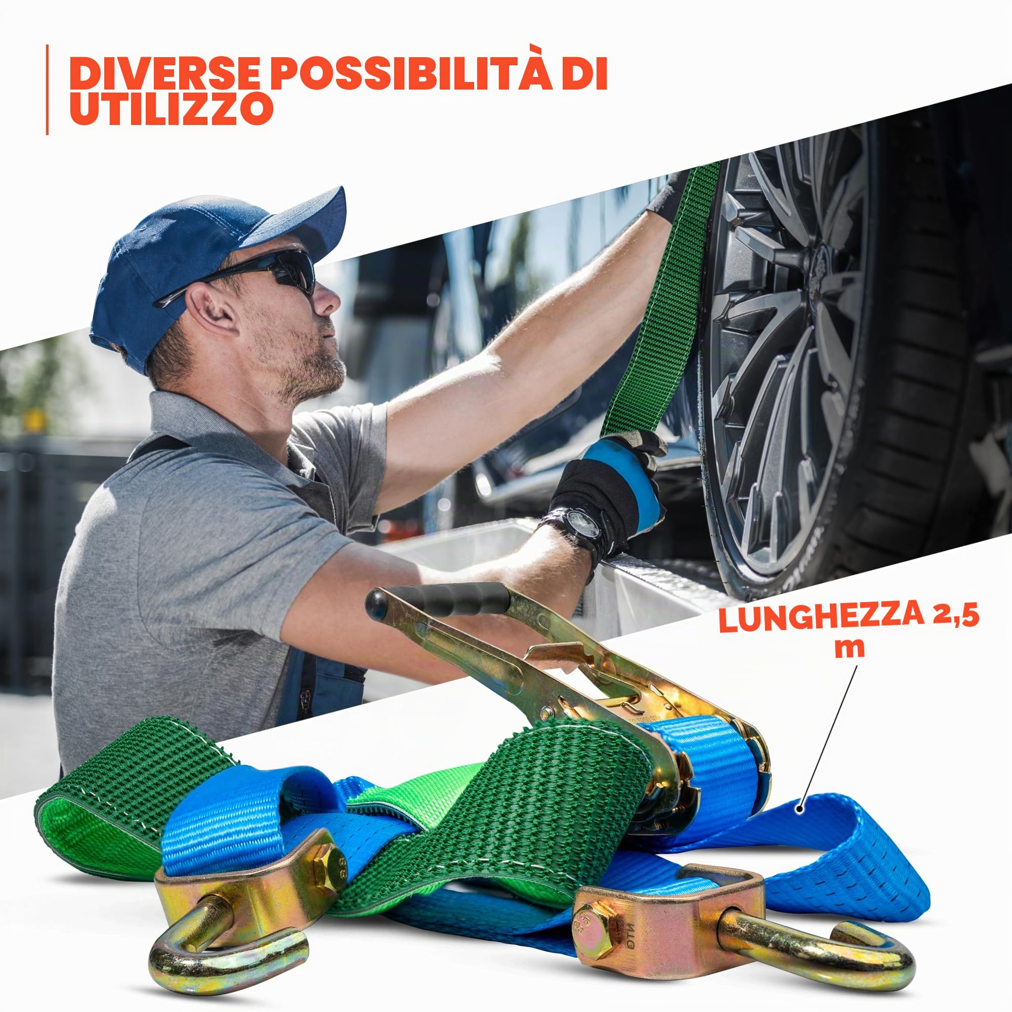 NTG Set da 4 cinghie di fissaggio per auto 2500 mm di lunghezza fino a 5000 kg con tubo antiscivolo e gancio | Fissaggio ruote | Cinghia | Auto | Cinghie per pneumatici